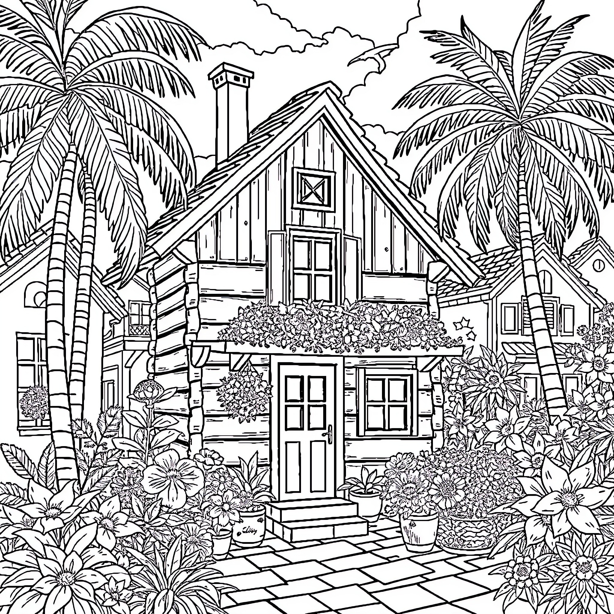 House with tropical foliage and architectural details Coloring Page (free black-and-white line drawing printable PDF for all, from beginners to advanced learners, including children, teens, adults, and seniors)