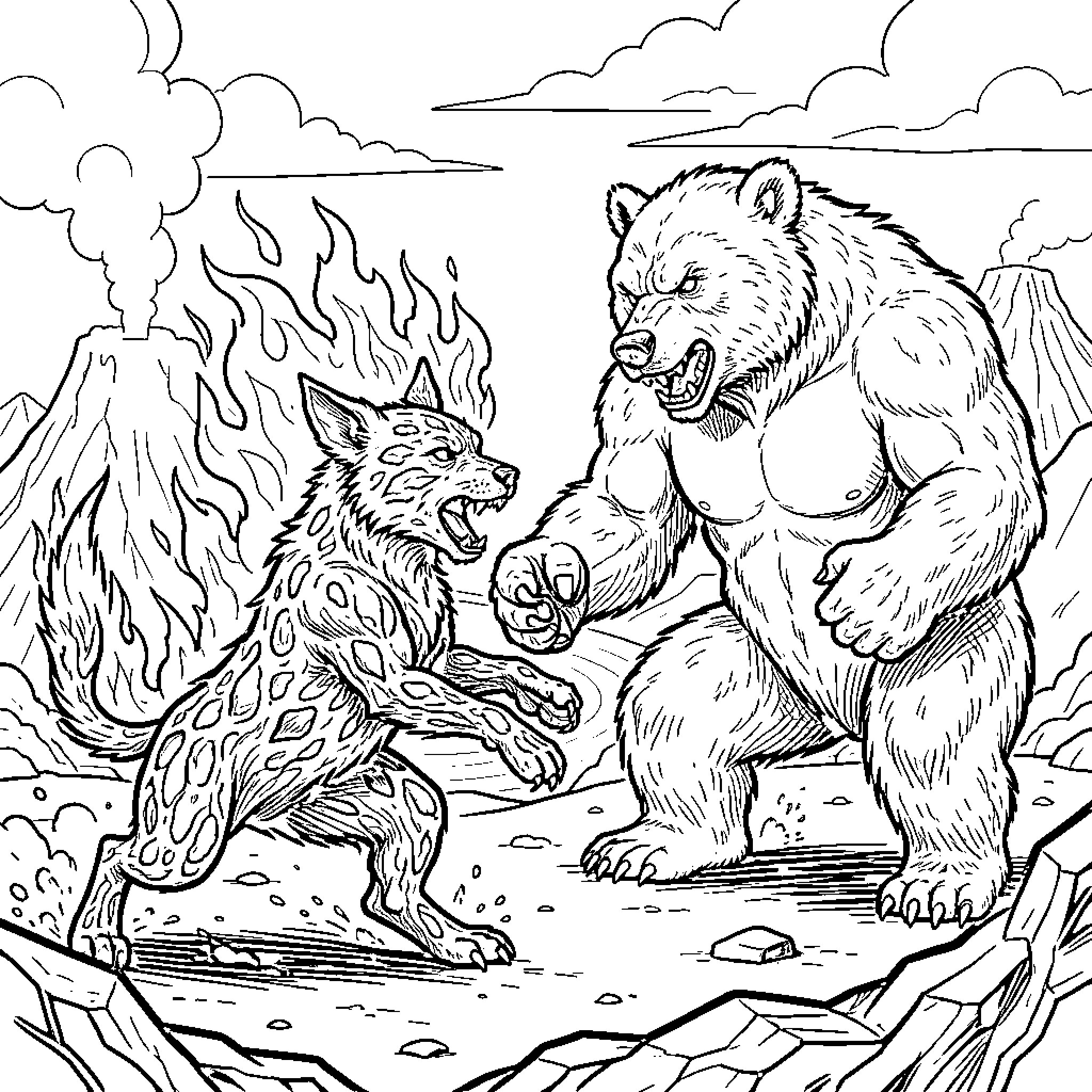 Perro wolves battling in wild nature Coloring Page (free black-and-white line drawing printable PDF for all, from beginners to advanced learners, including children, teens, adults, and seniors)