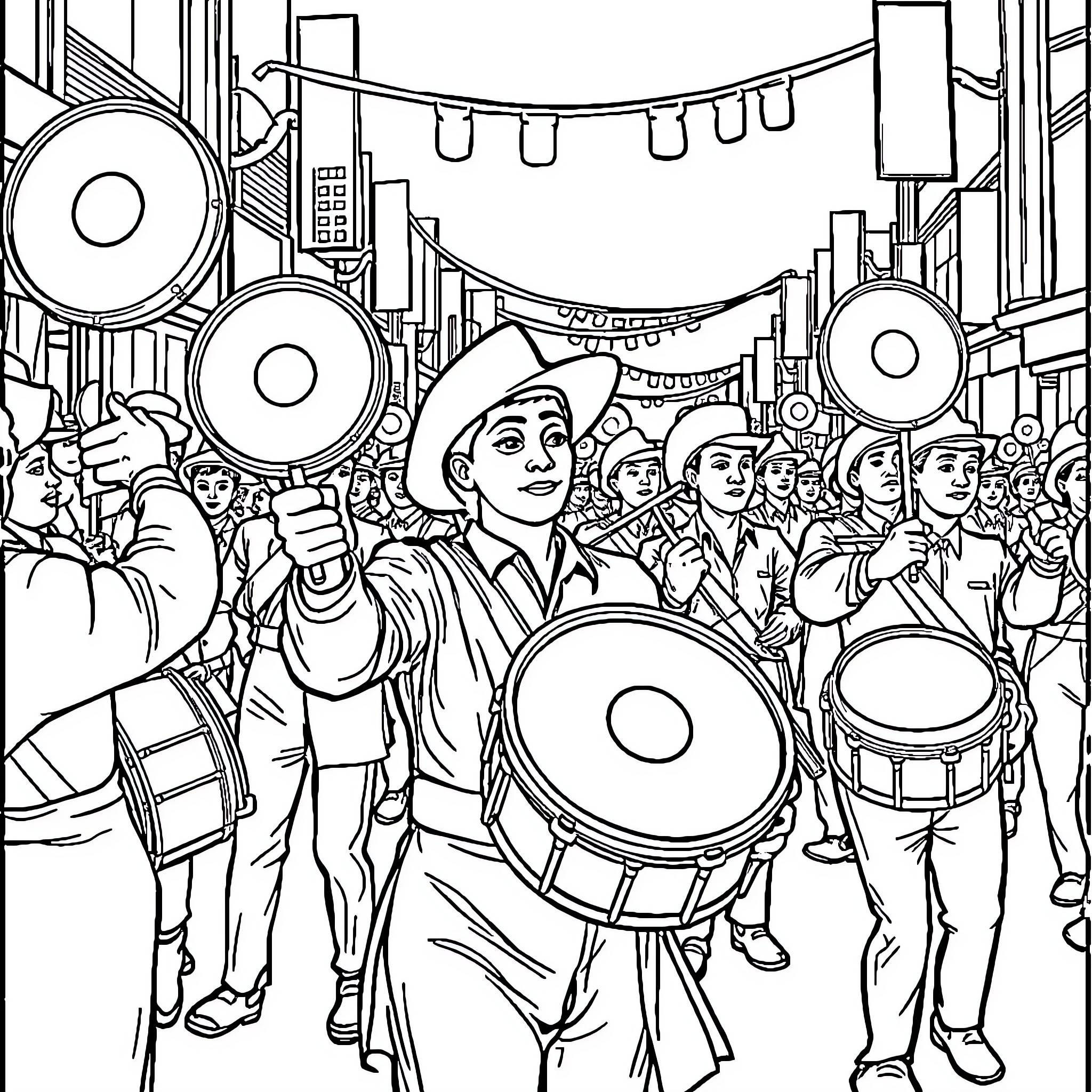Cymbal Marching Band Performers on Parade Coloring Page (free black-and-white line drawing printable PDF for all, from beginners to advanced learners, including children, teens, adults, and seniors)