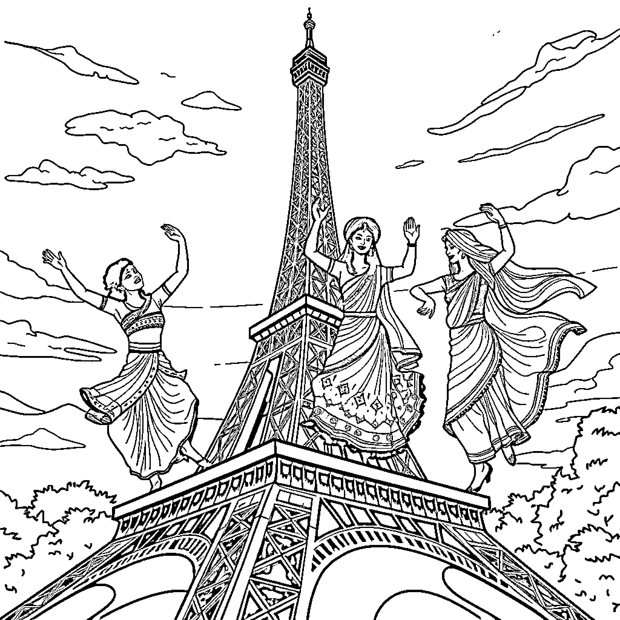 Dancer's Performance in Front of the Eiffel Tower Coloring Page (free black-and-white line drawing printable PDF for all, from beginners to advanced learners, including children, teens, adults, and seniors)