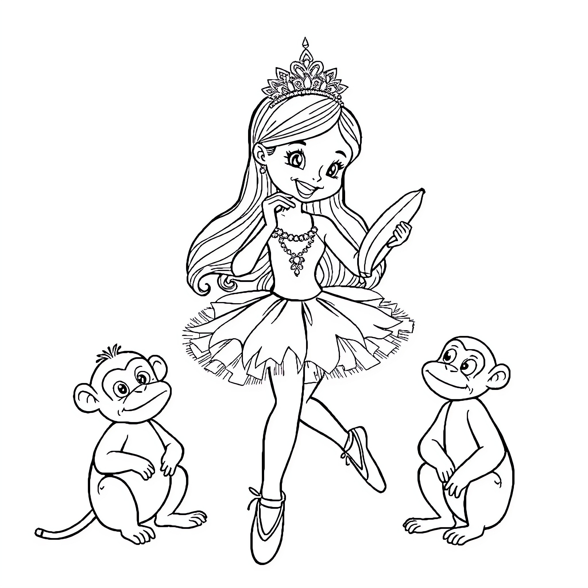 Ballerina posing with cute monkeys Coloring Page (free black-and-white line drawing printable PDF for all, from beginners to advanced learners, including children, teens, adults, and seniors)