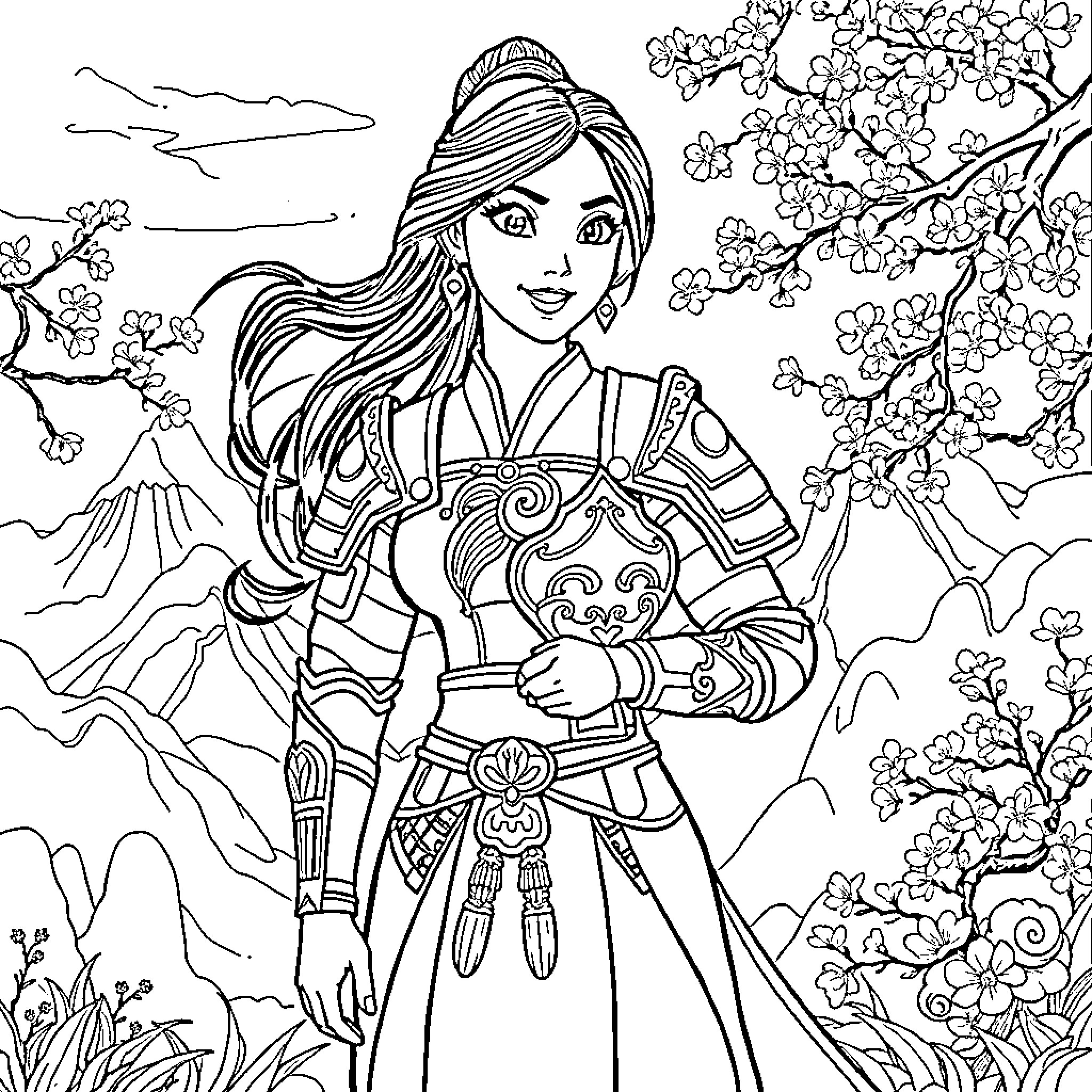 Mulan in Heroic Attire Among Blossoming Flowers Coloring Page (free black-and-white line drawing printable PDF for all, from beginners to advanced learners, including children, teens, adults, and seniors)