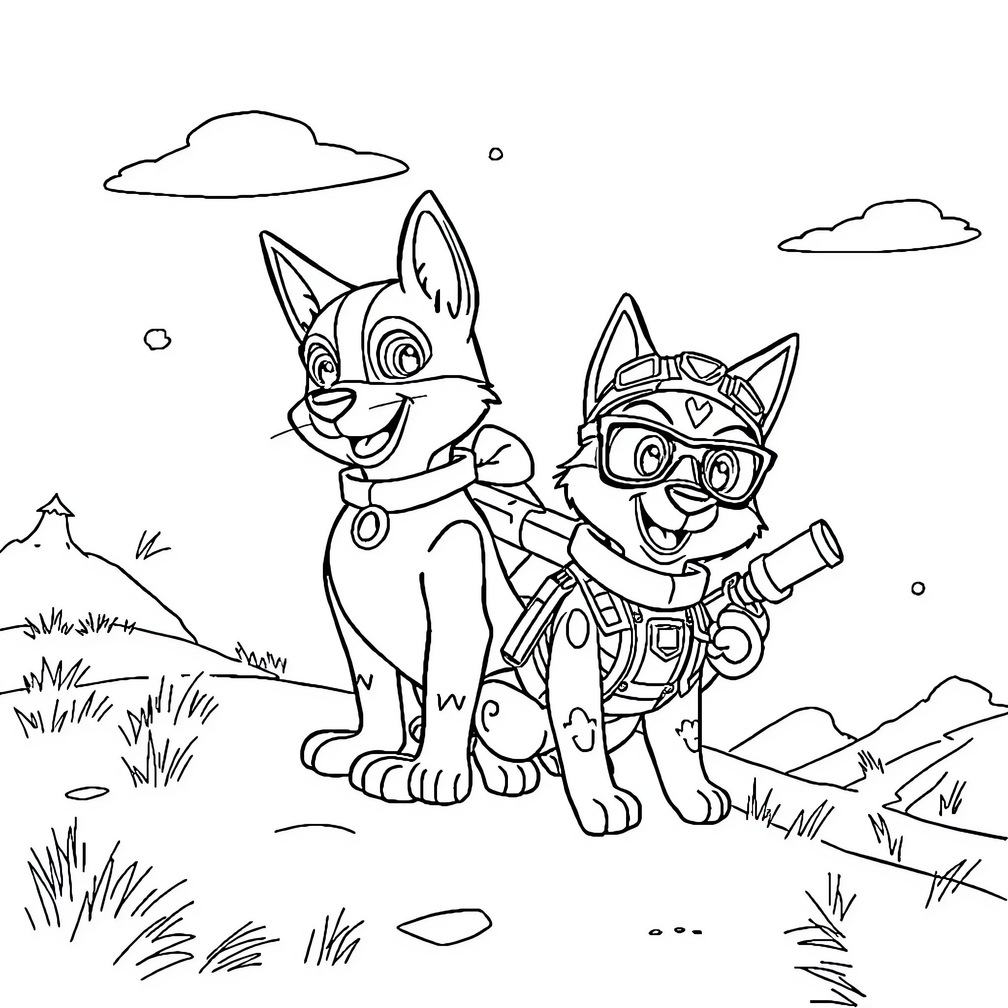 Paw Patrol Pups on an Adventure in the Wild Coloring Page (free black-and-white line drawing printable PDF for all, from beginners to advanced learners, including children, teens, adults, and seniors)