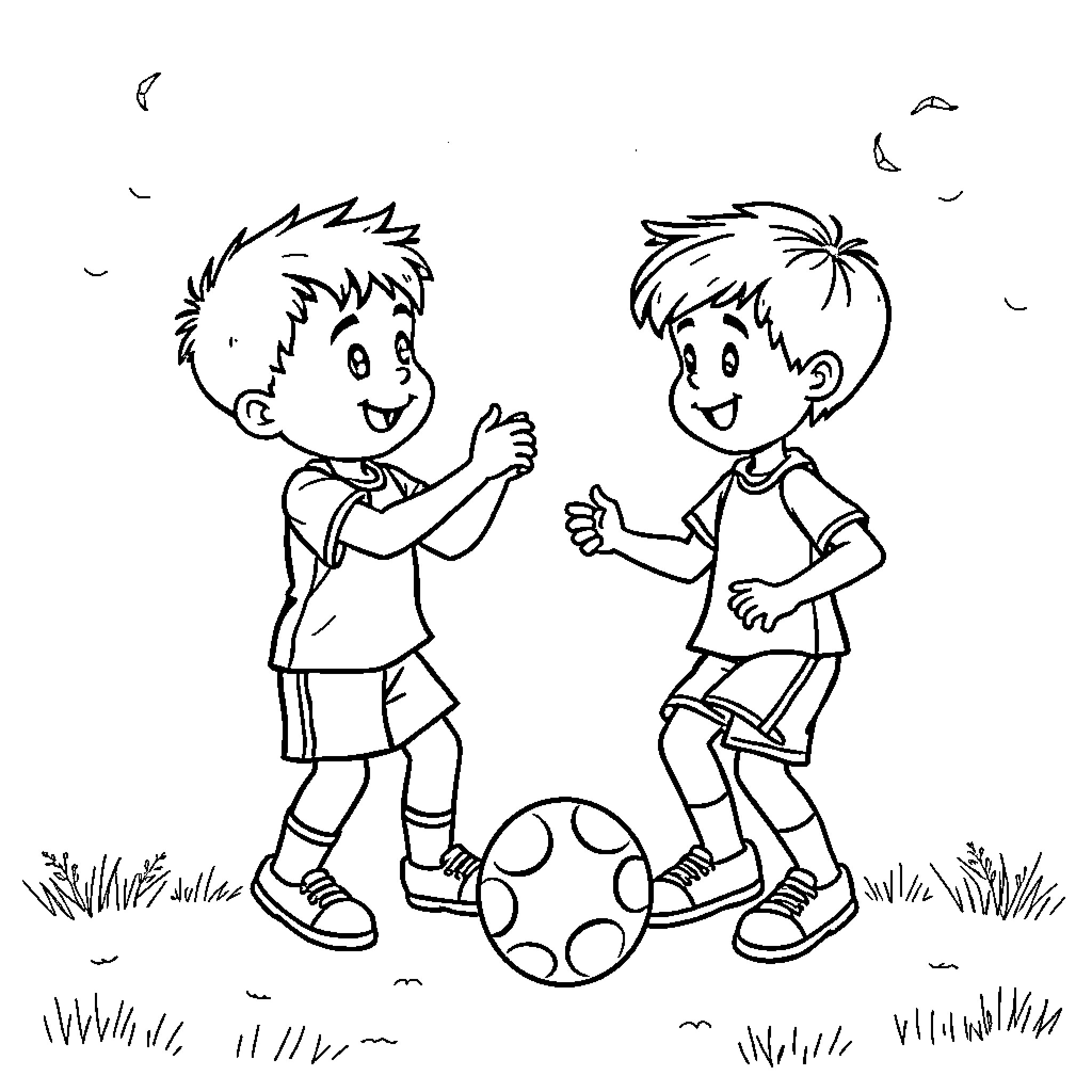 Child friends playing happily with soccer ball Coloring Page (free black-and-white line drawing printable PDF for all, from beginners to advanced learners, including children, teens, adults, and seniors)