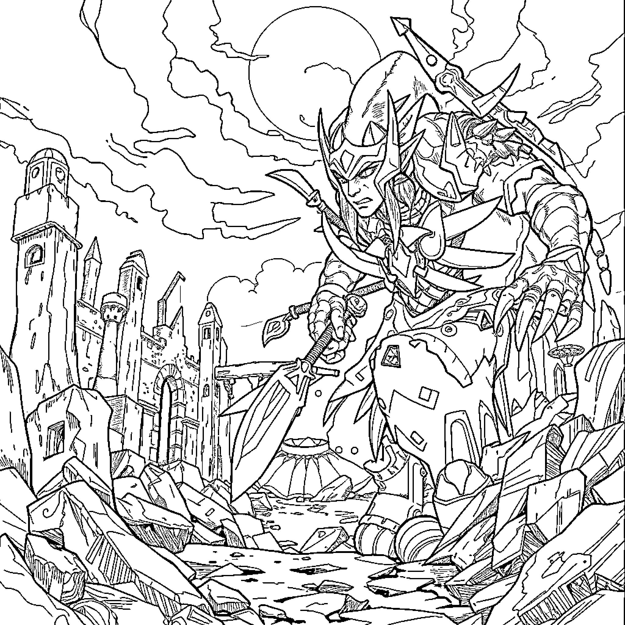 Link Battling Against Mysterious Forces Coloring Page (free black-and-white line drawing printable PDF for all, from beginners to advanced learners, including children, teens, adults, and seniors)