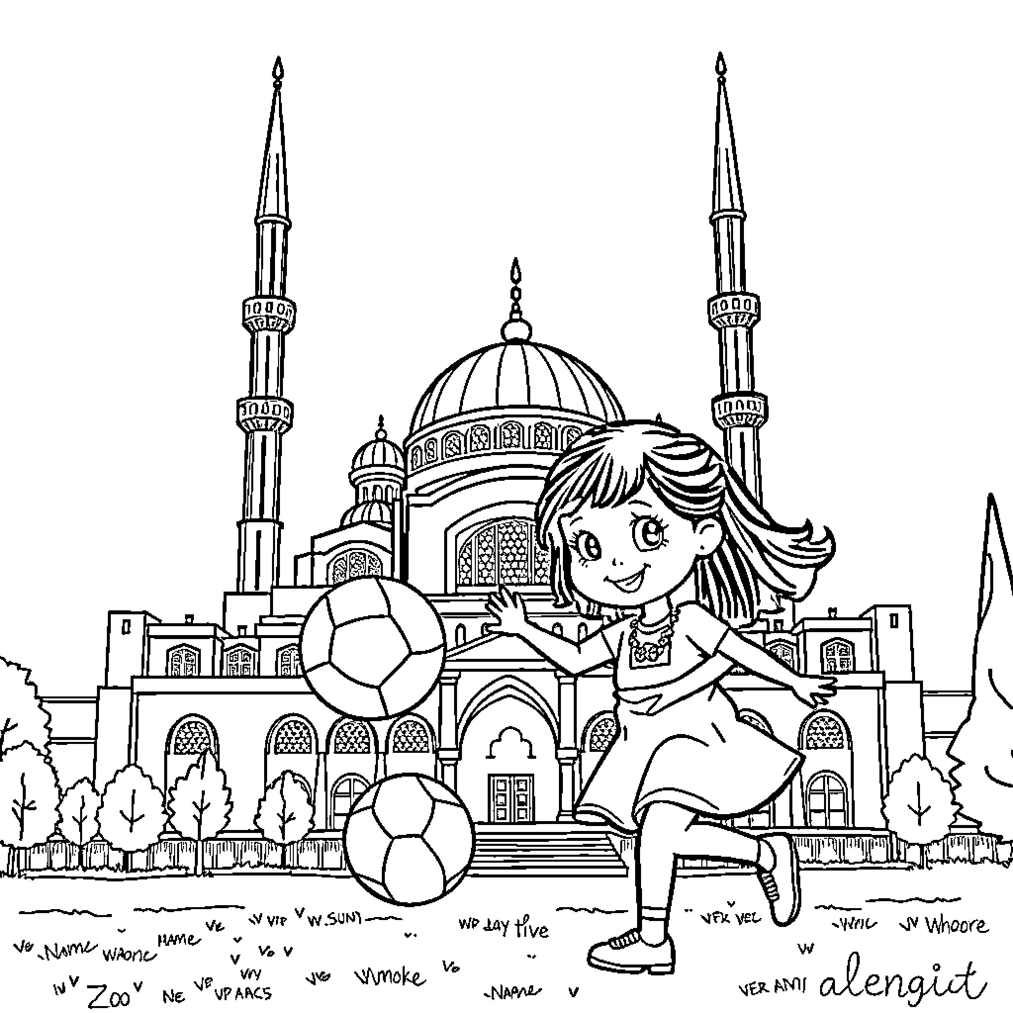 Girl playing with soccer ball near grand mosque Coloring Page (free black-and-white line drawing printable PDF for all, from beginners to advanced learners, including children, teens, adults, and seniors)
