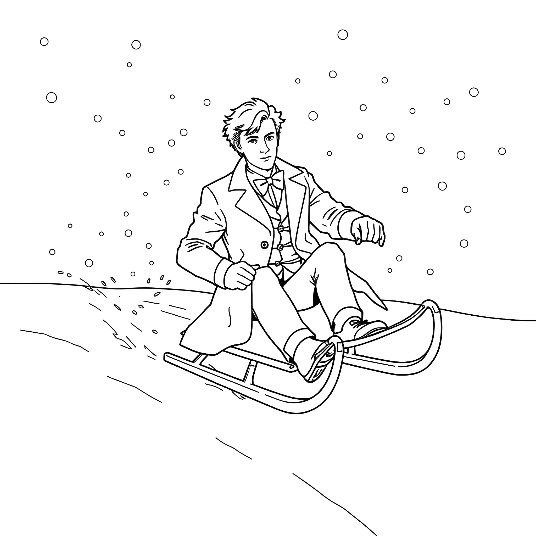 Doctor Who enjoying a winter sleigh ride Coloring Page (free black-and-white line drawing printable PDF for all, from beginners to advanced learners, including children, teens, adults, and seniors)