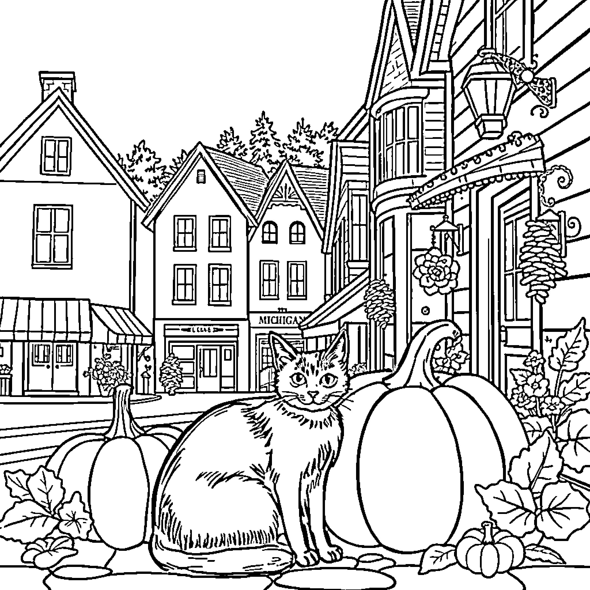Cat in a Cozy Autumn Town Coloring Page (free black-and-white line drawing printable PDF for all, from beginners to advanced learners, including children, teens, adults, and seniors)
