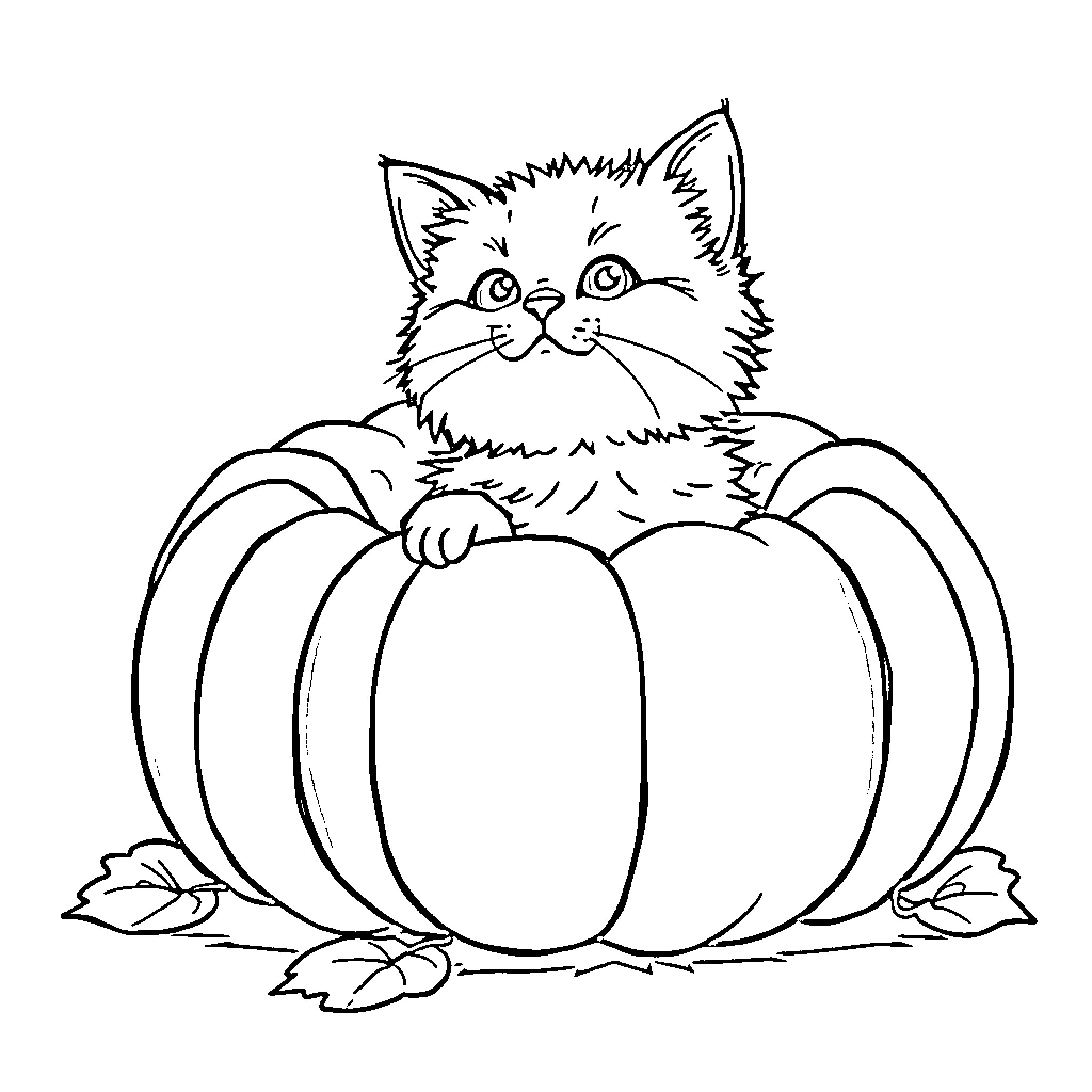 Cat peeking out from pumpkin Coloring Page (free black-and-white line drawing printable PDF for all, from beginners to advanced learners, including children, teens, adults, and seniors)
