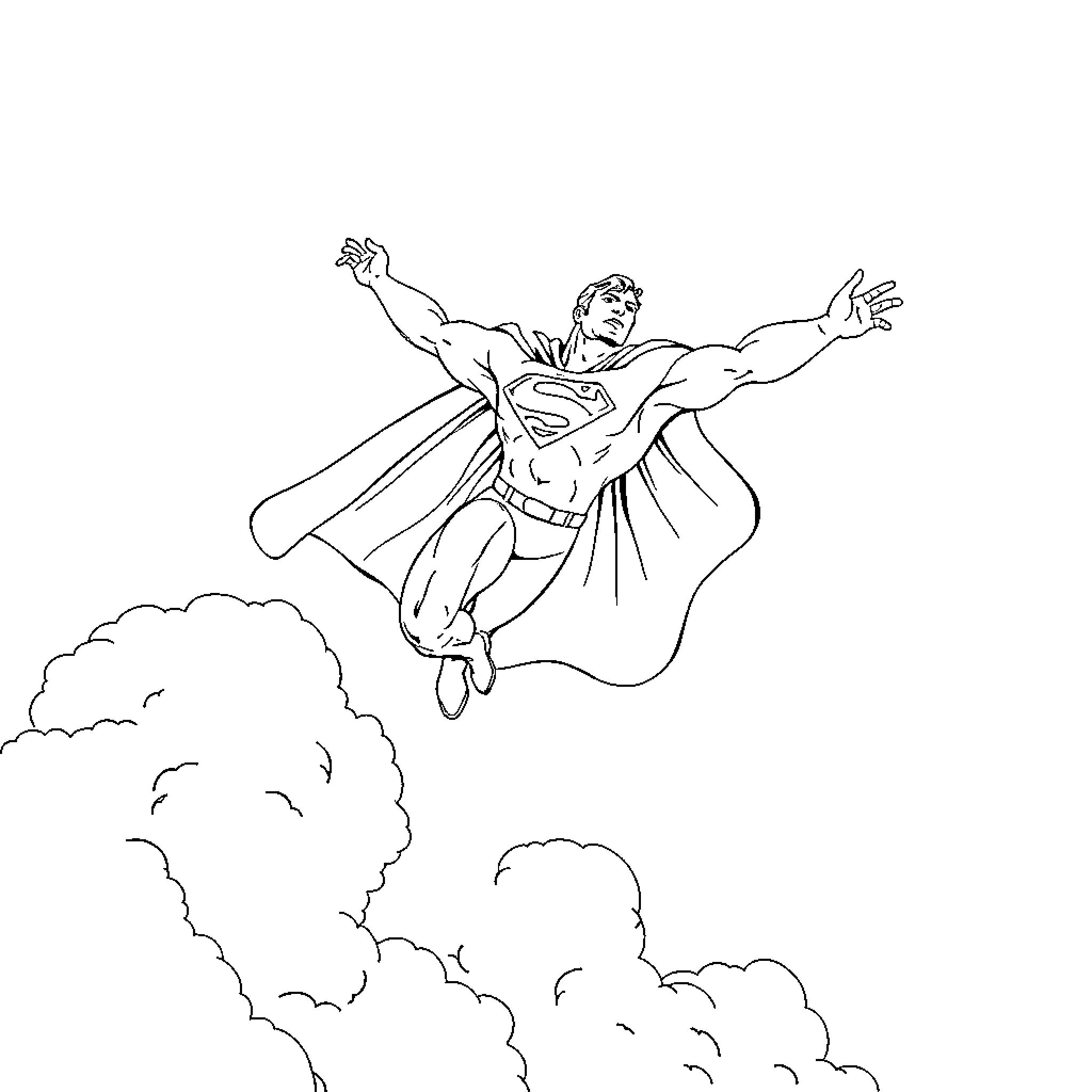 Superman soaring through the sky with outstretched arms Coloring Page (free black-and-white line drawing printable PDF for all, from beginners to advanced learners, including children, teens, adults, and seniors)
