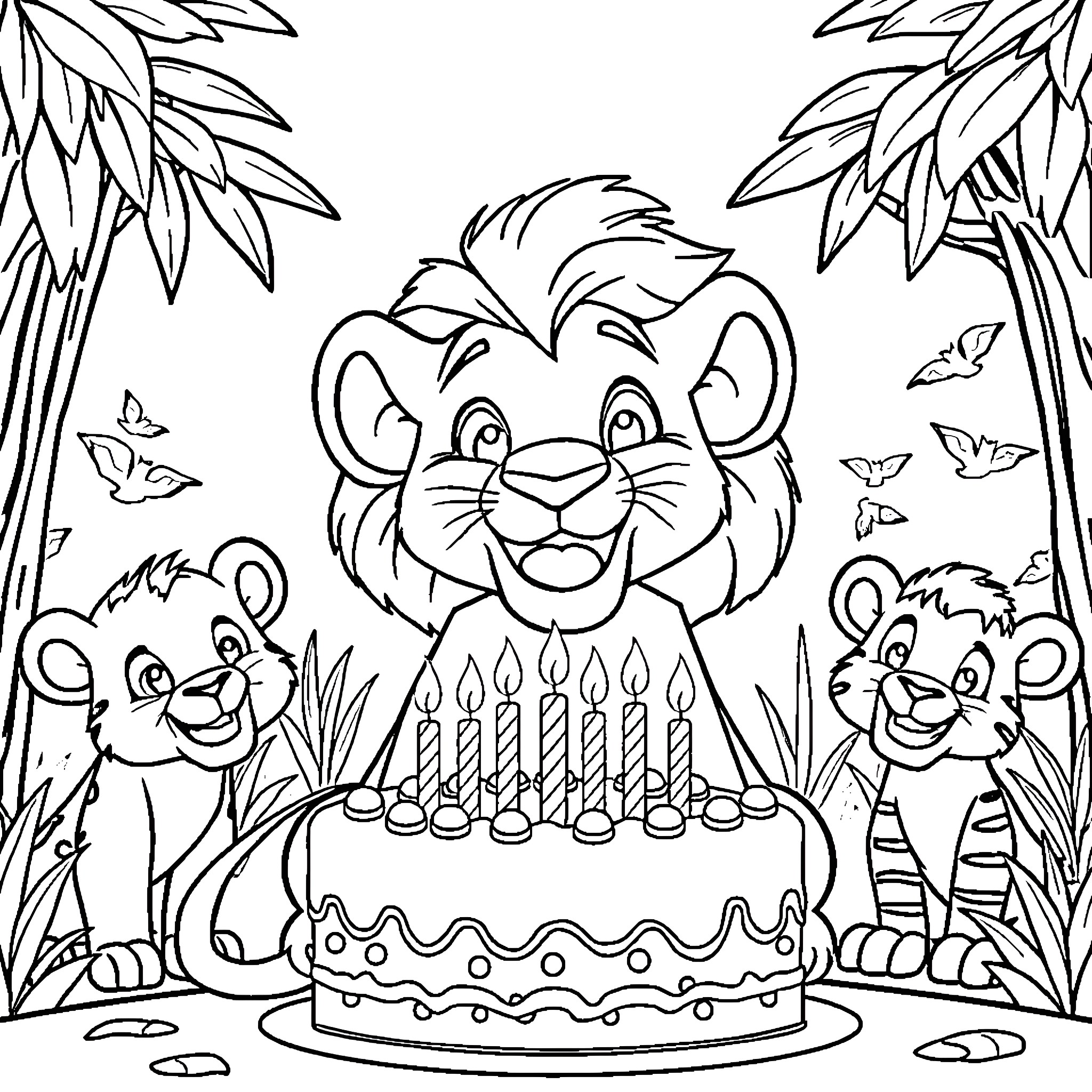 Simba celebrates birthday with animal friends Coloring Page (free black-and-white line drawing printable PDF for all, from beginners to advanced learners, including children, teens, adults, and seniors)