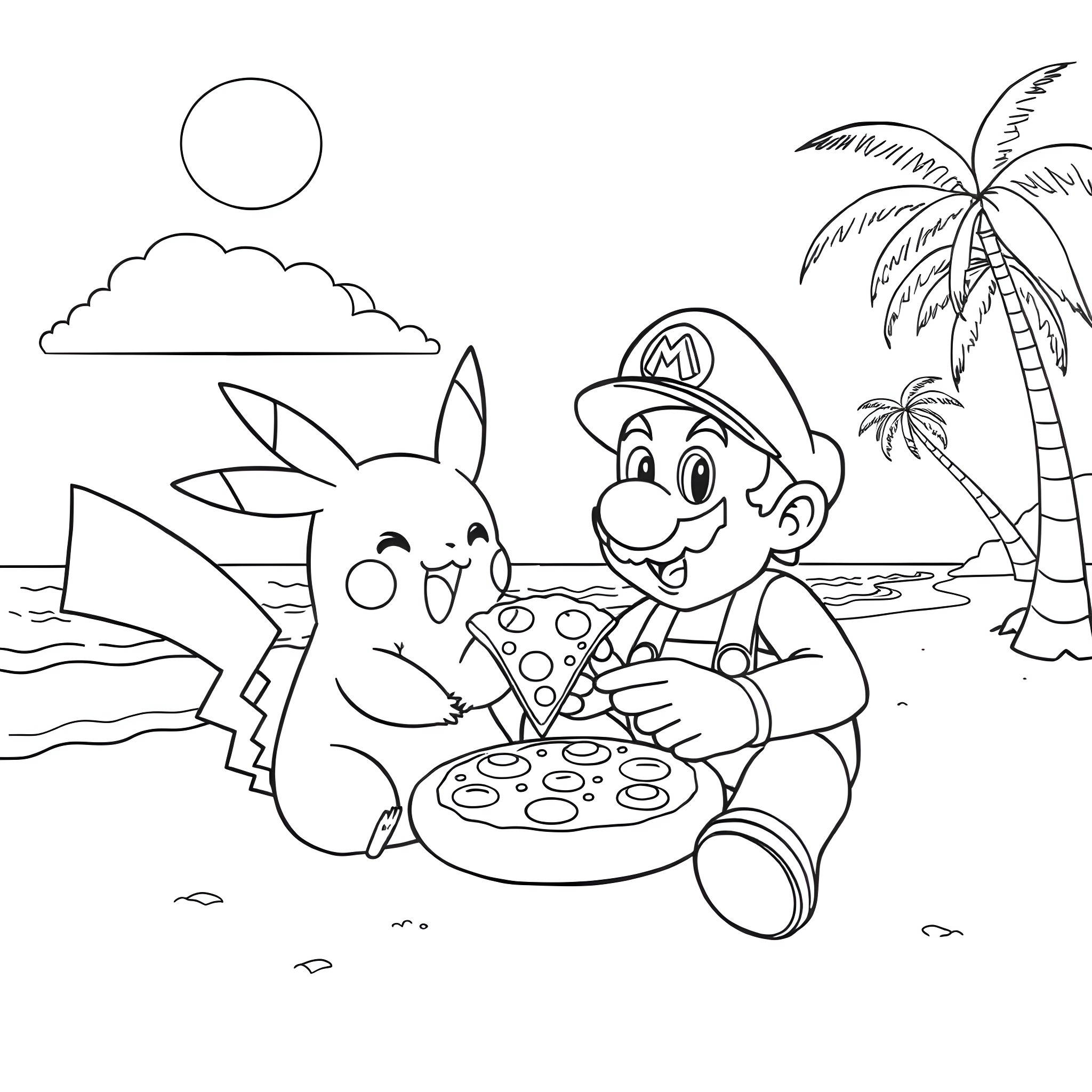 Pikachu enjoying pizza with Mario on a tropical beach Coloring Page (free black-and-white line drawing printable PDF for all, from beginners to advanced learners, including children, teens, adults, and seniors)