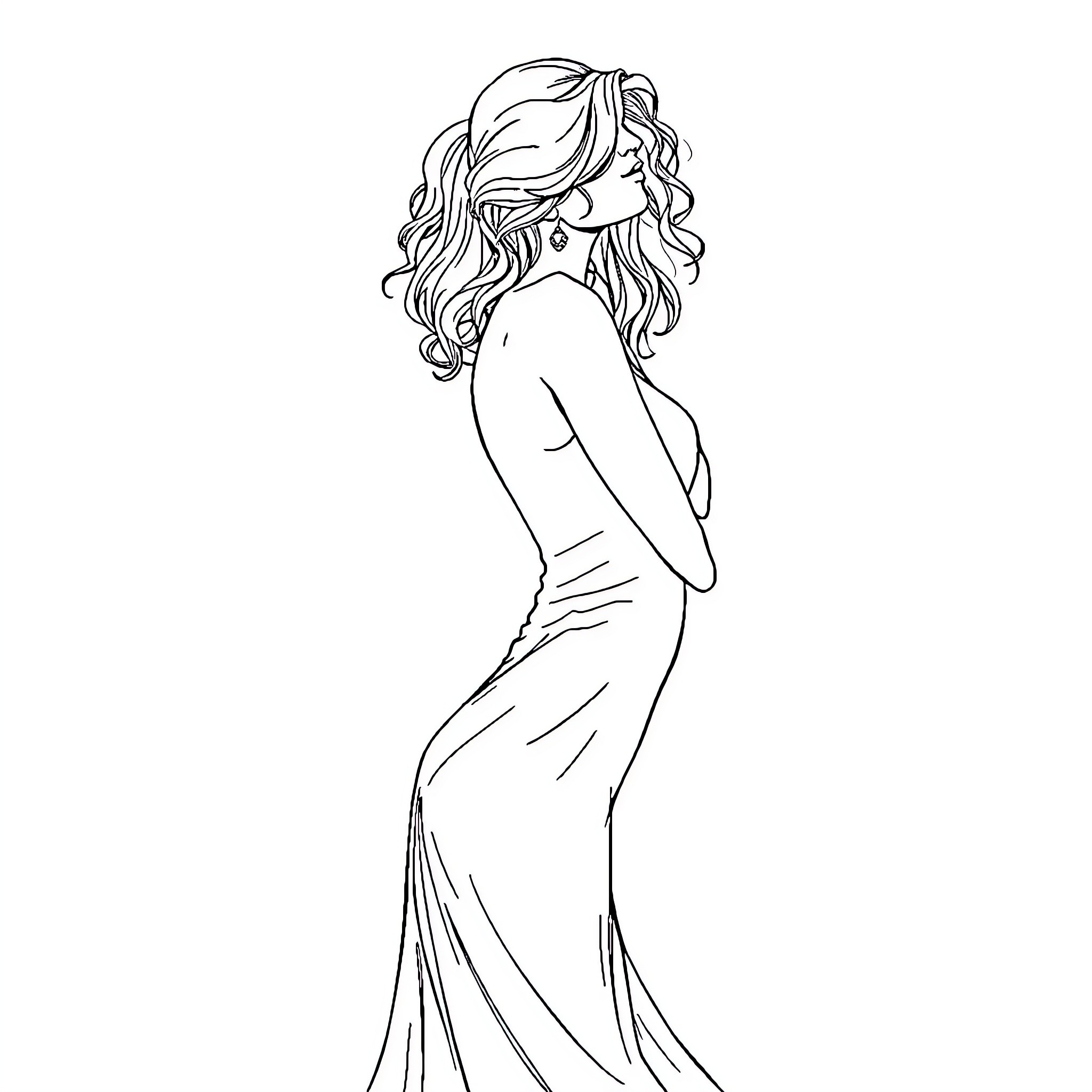 Woman posing in elegant evening dress Coloring Page (free black-and-white line drawing printable PDF for all, from beginners to advanced learners, including children, teens, adults, and seniors)