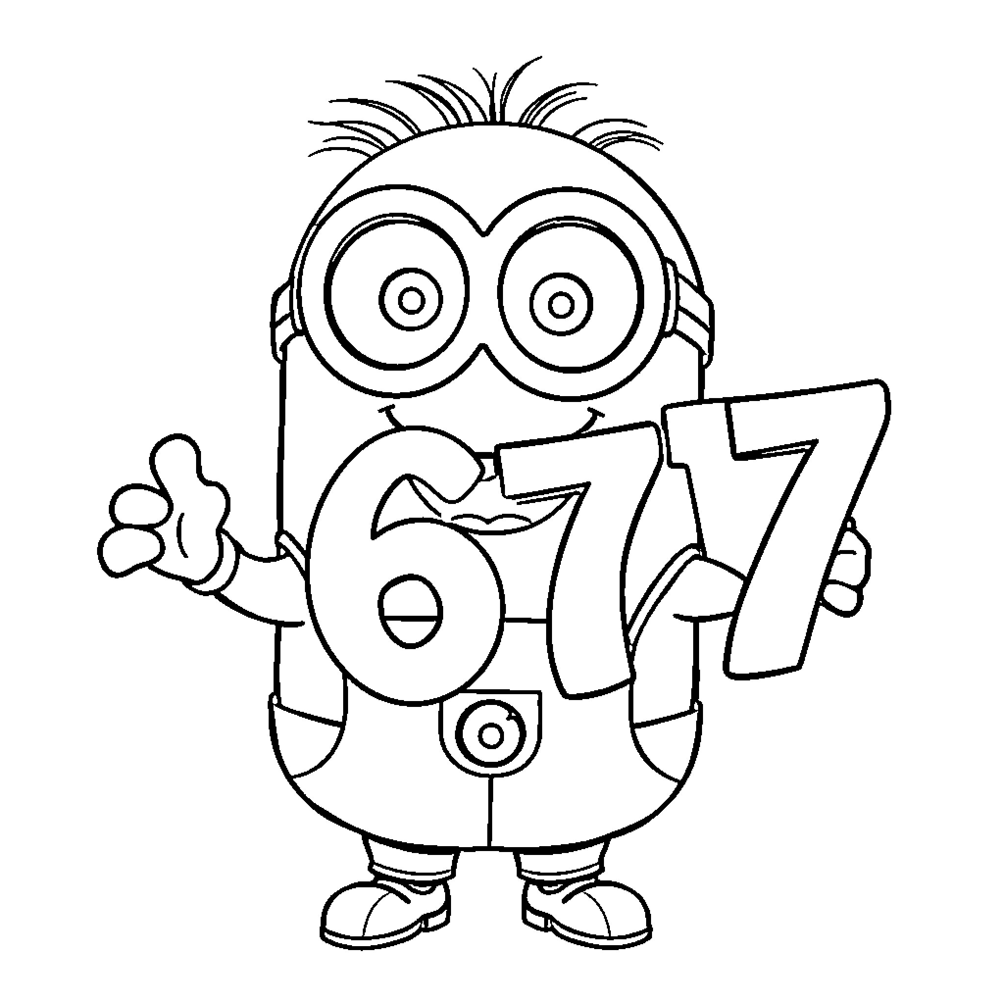Minion displaying number 677 Coloring Page (free black-and-white line drawing printable PDF for all, from beginners to advanced learners, including children, teens, adults, and seniors)