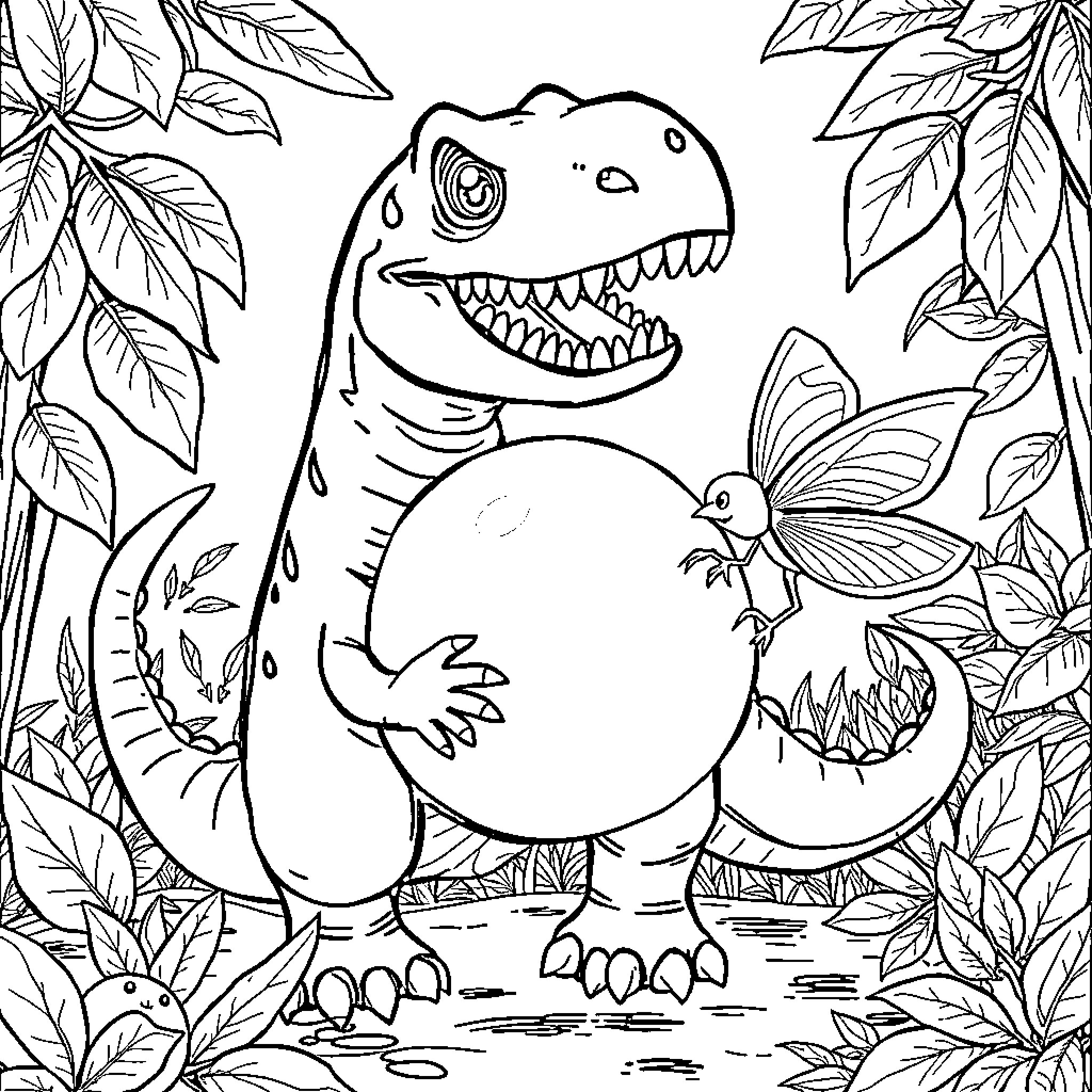 Dinosaur playing with a butterfly in the jungle Coloring Page (free black-and-white line drawing printable PDF for all, from beginners to advanced learners, including children, teens, adults, and seniors)