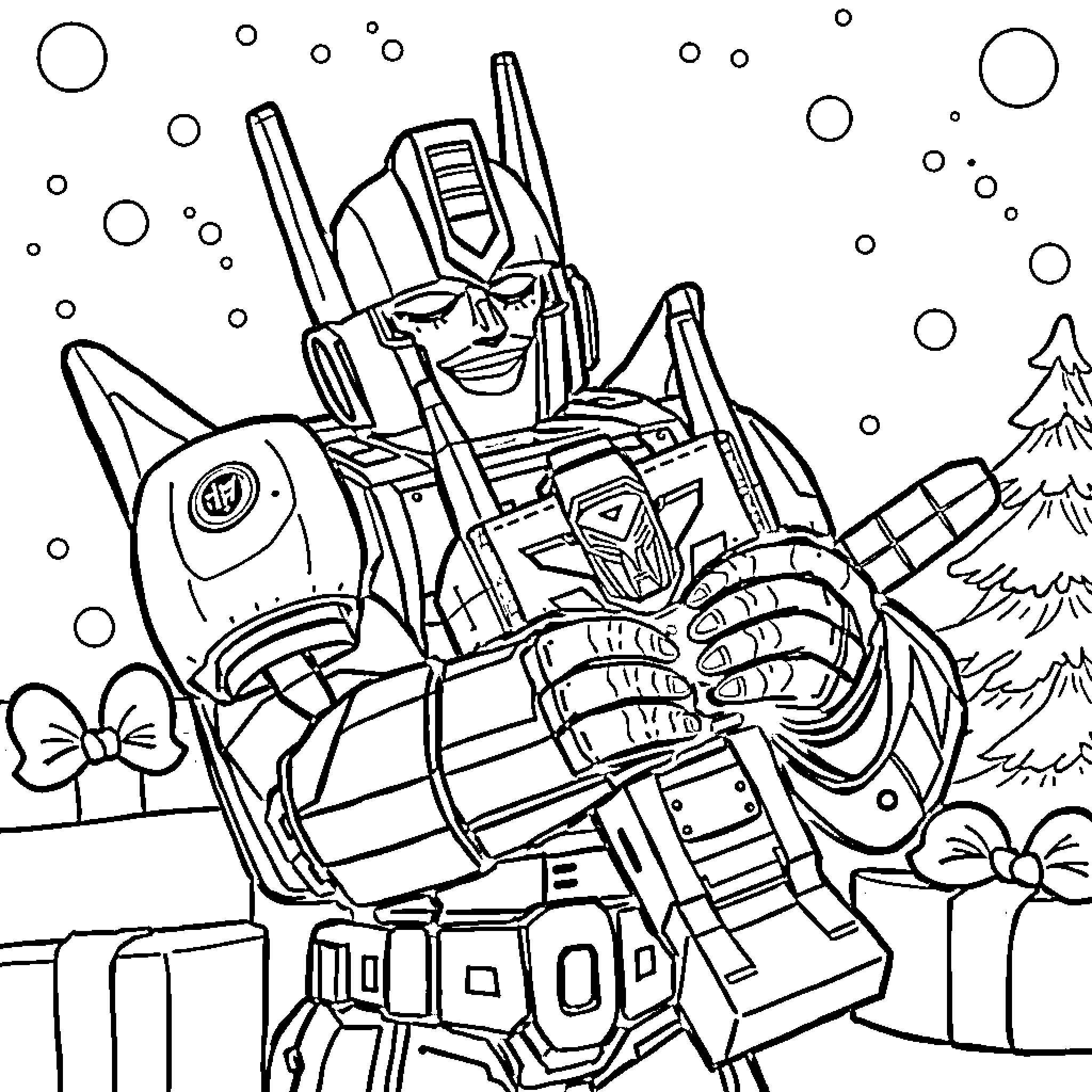 Joe's winter wonderland adventure with transforming robot Coloring Page (free black-and-white line drawing printable PDF for all, from beginners to advanced learners, including children, teens, adults, and seniors)
