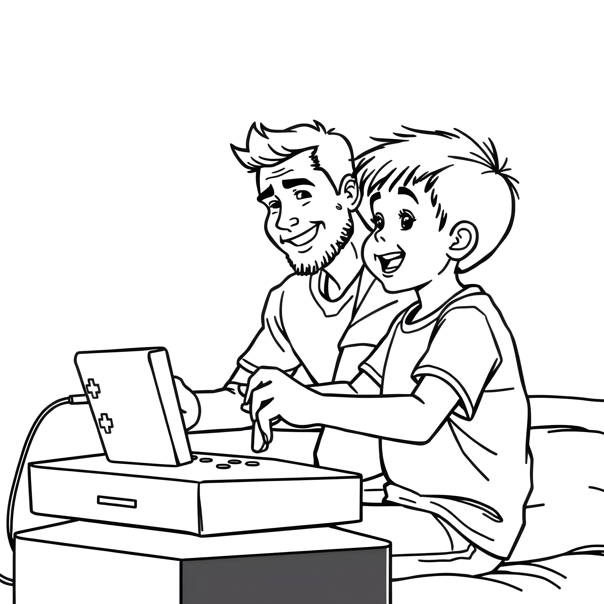 Dad and son playing video games together Coloring Page (free black-and-white line drawing printable PDF for all, from beginners to advanced learners, including children, teens, adults, and seniors)