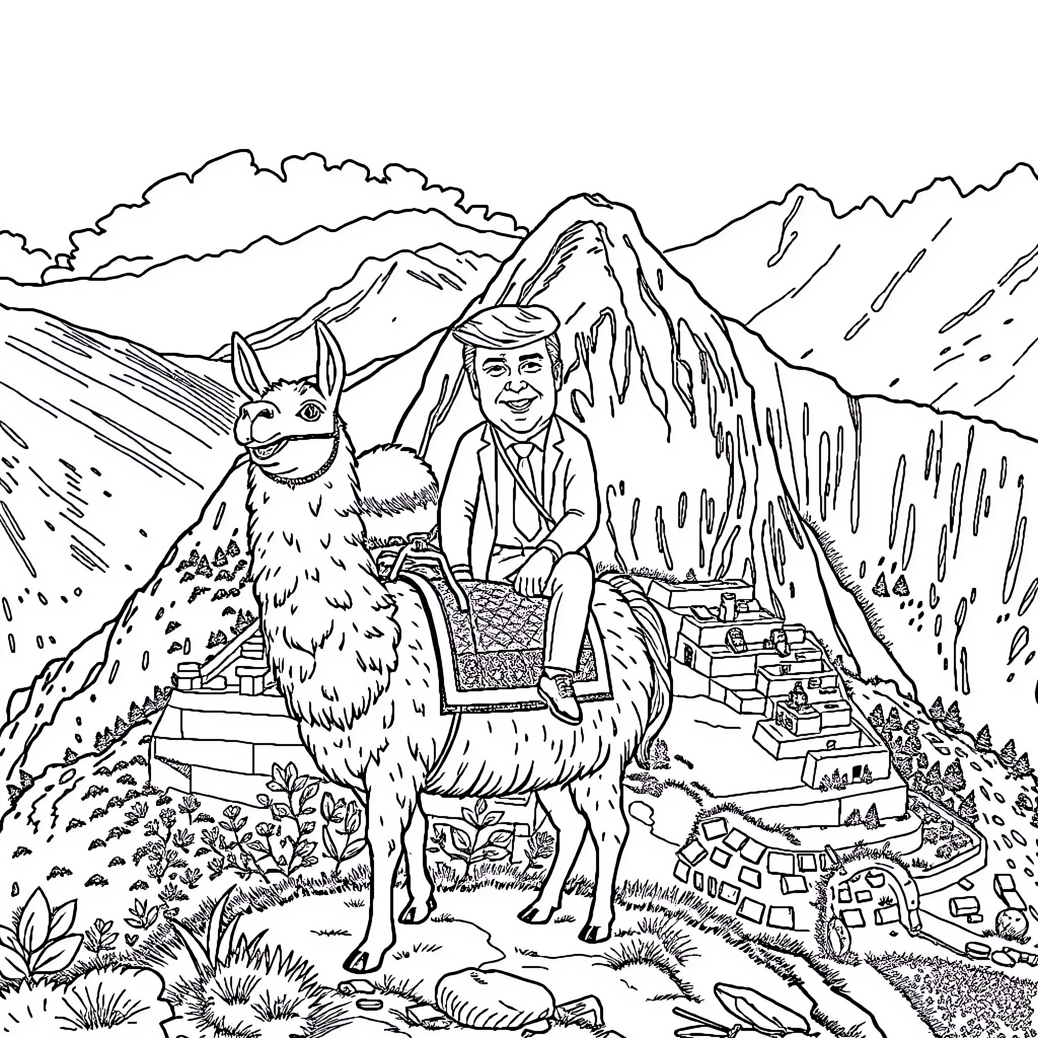 Trump's Mountainous Adventure with Unusual Companion Coloring Page (free black-and-white line drawing printable PDF for all, from beginners to advanced learners, including children, teens, adults, and seniors)