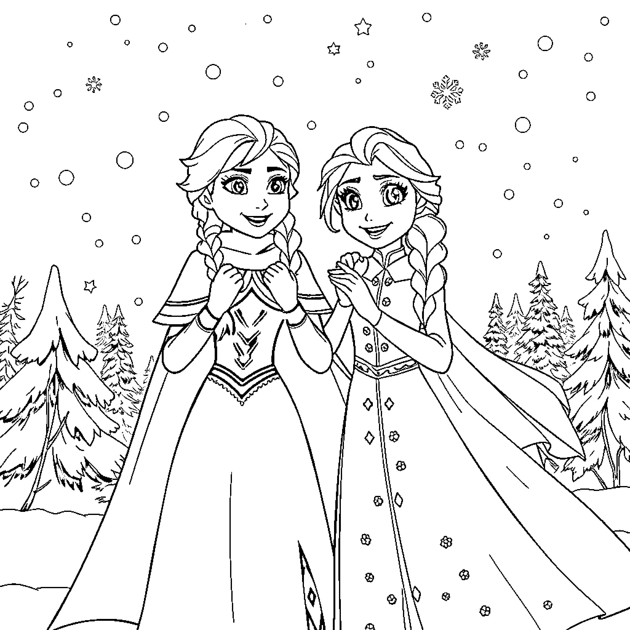 Elsa and Anna's Winter Adventure Coloring Page (free black-and-white line drawing printable PDF for all, from beginners to advanced learners, including children, teens, adults, and seniors)