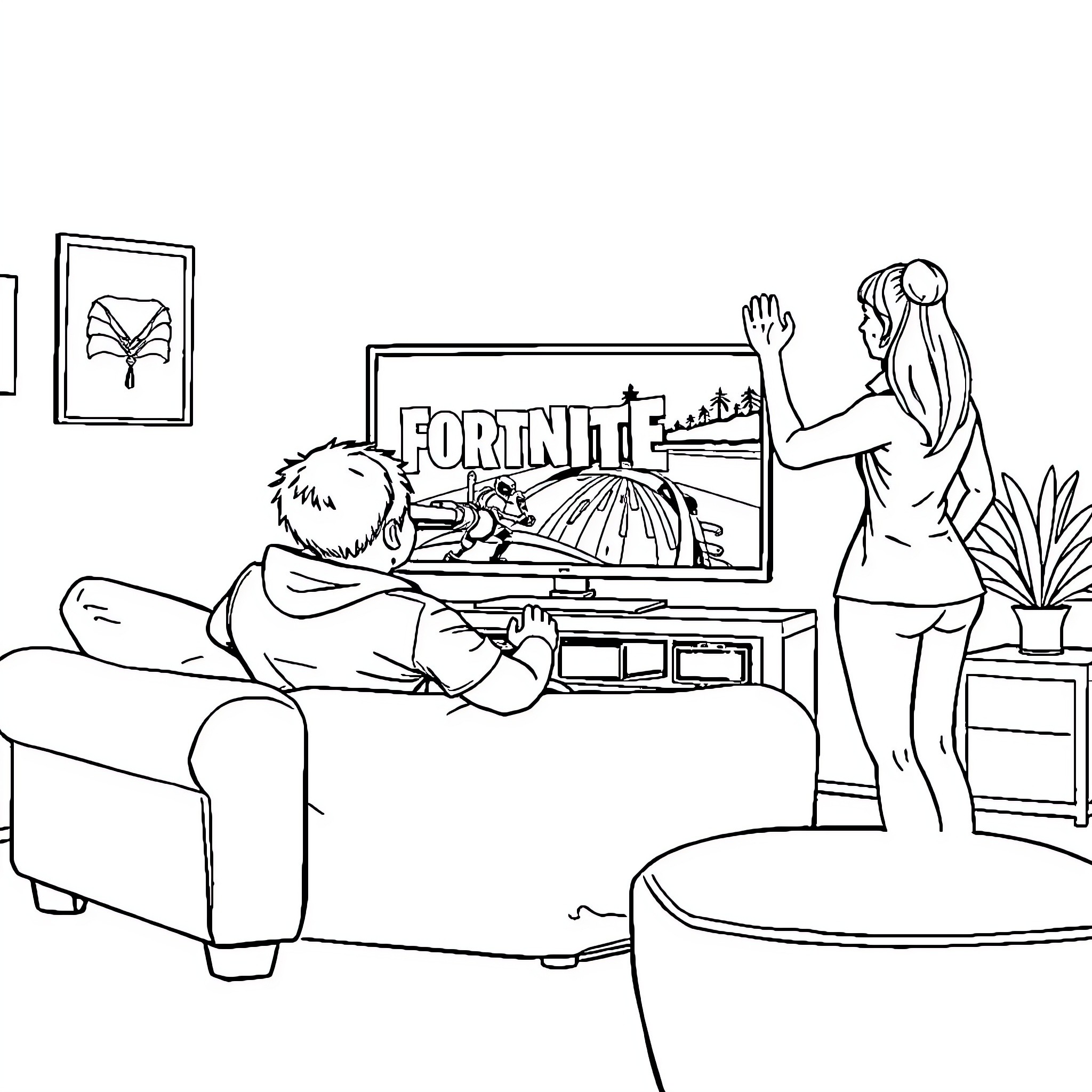 Guy playing video game on couch with friend Coloring Page (free black-and-white line drawing printable PDF for all, from beginners to advanced learners, including children, teens, adults, and seniors)