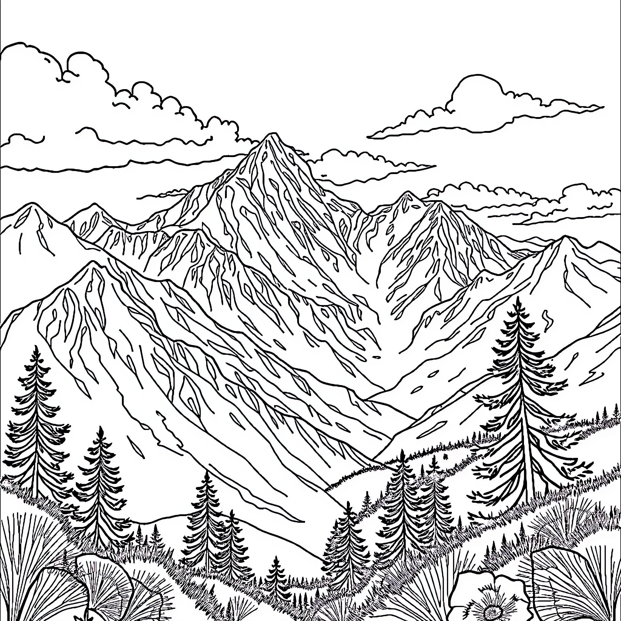 Mountain landscape with rugged peaks and pine trees Coloring Page (free black-and-white line drawing printable PDF for all, from beginners to advanced learners, including children, teens, adults, and seniors)