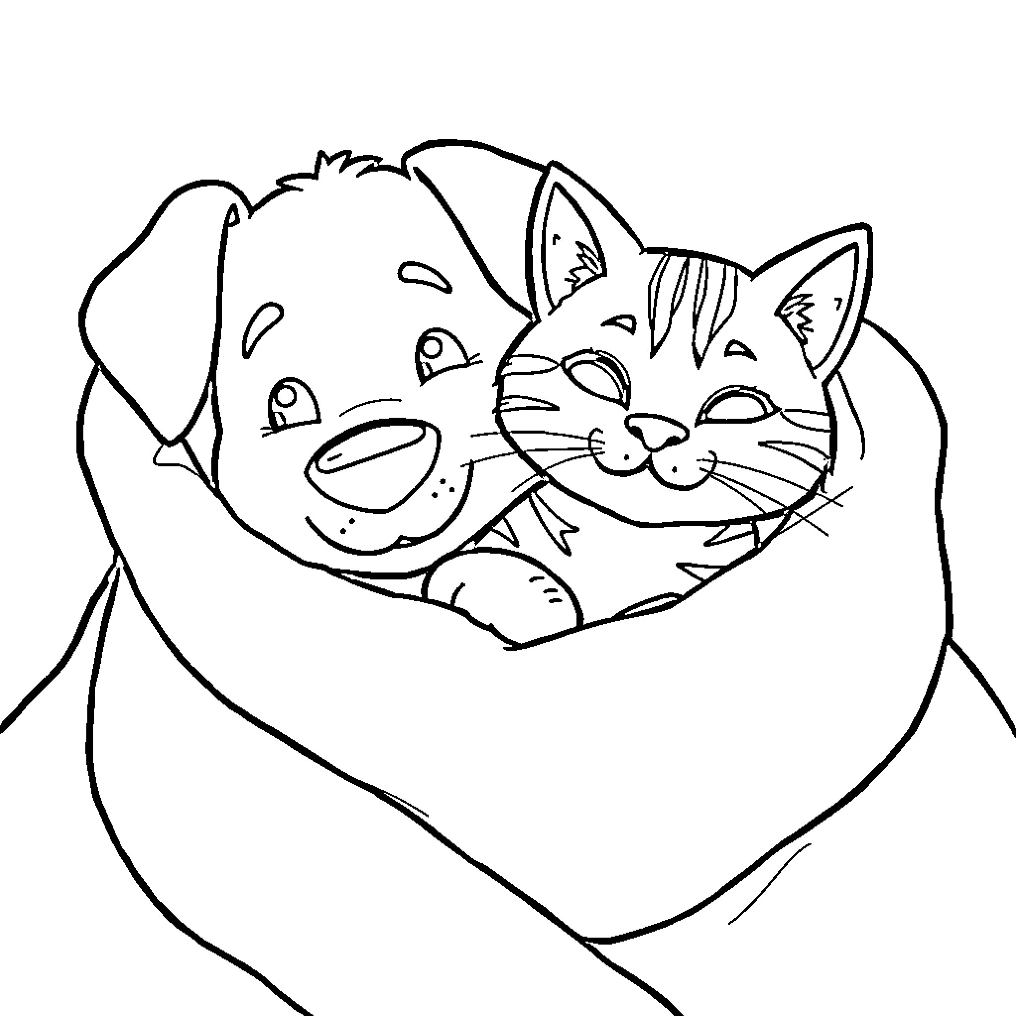 Animal friends cuddling together Coloring Page (free black-and-white line drawing printable PDF for all, from beginners to advanced learners, including children, teens, adults, and seniors)