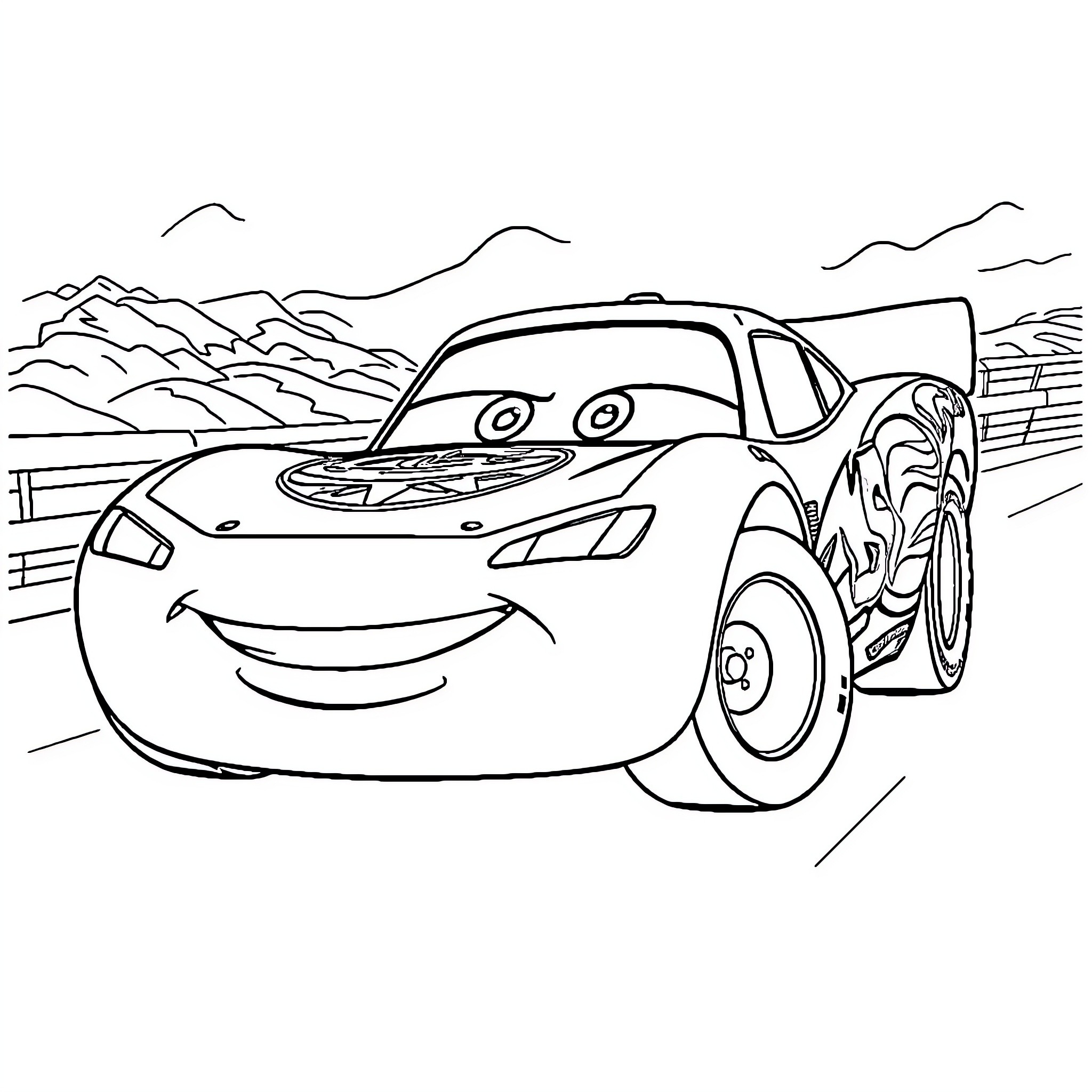 Lightning McQueen racing down the road Coloring Page (free black-and-white line drawing printable PDF for all, from beginners to advanced learners, including children, teens, adults, and seniors)