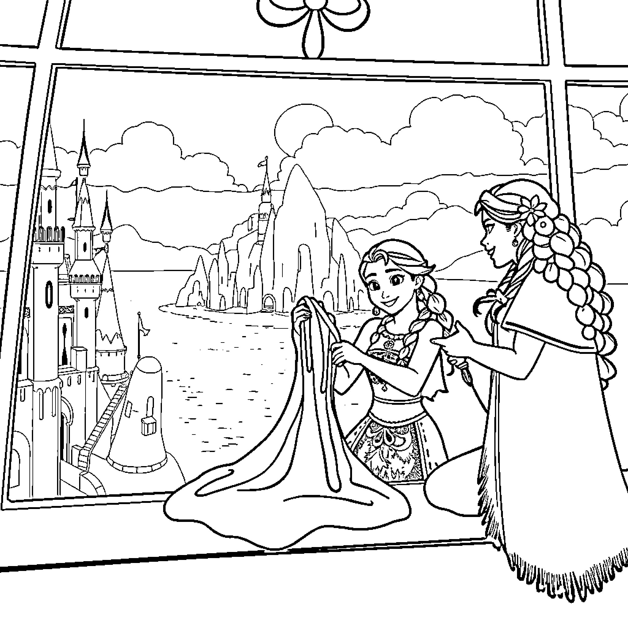 Princess preparing for a grand adventure Coloring Page (free black-and-white line drawing printable PDF for all, from beginners to advanced learners, including children, teens, adults, and seniors)