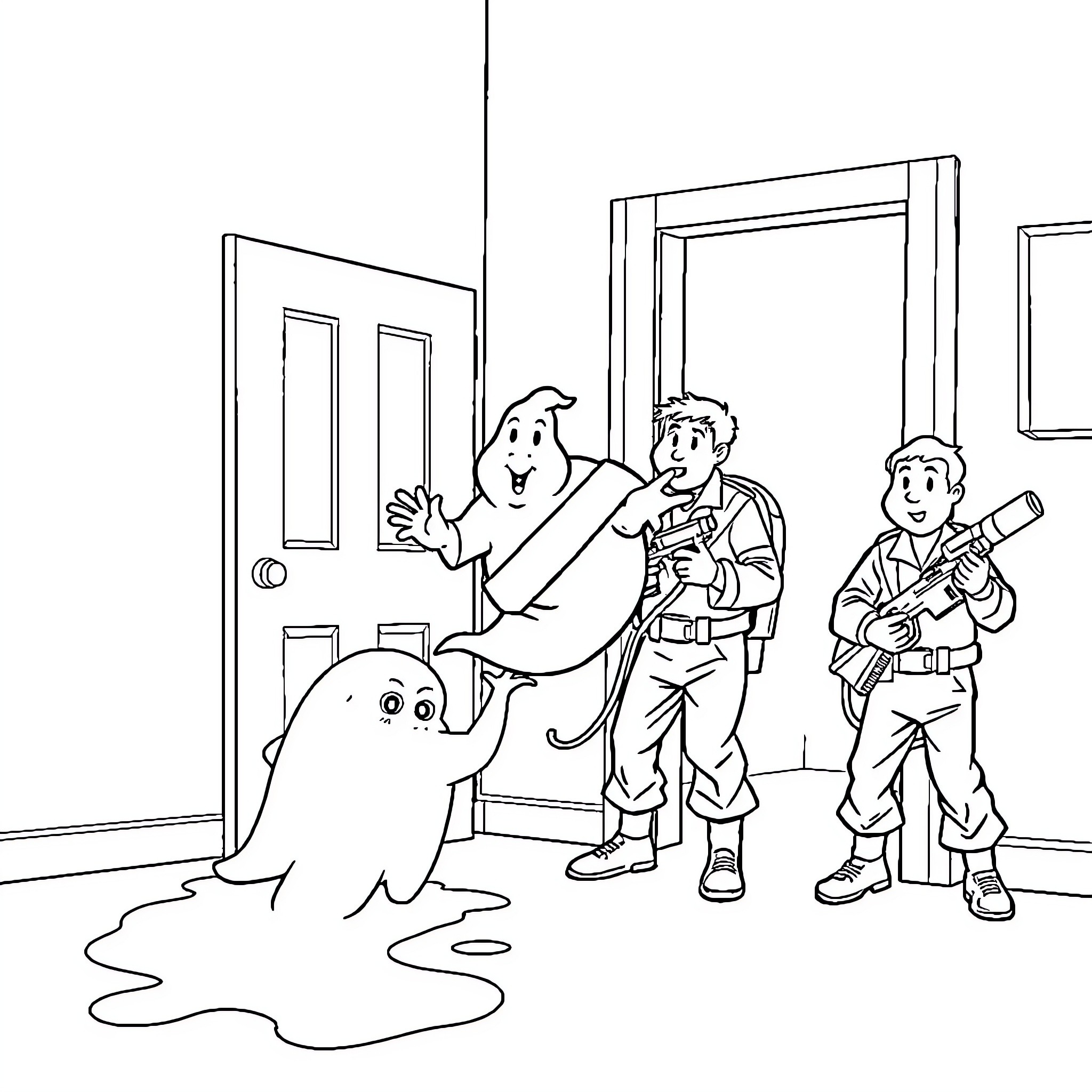 Ghost Hunters Investigating Supernatural Activity Coloring Page (free black-and-white line drawing printable PDF for all, from beginners to advanced learners, including children, teens, adults, and seniors)
