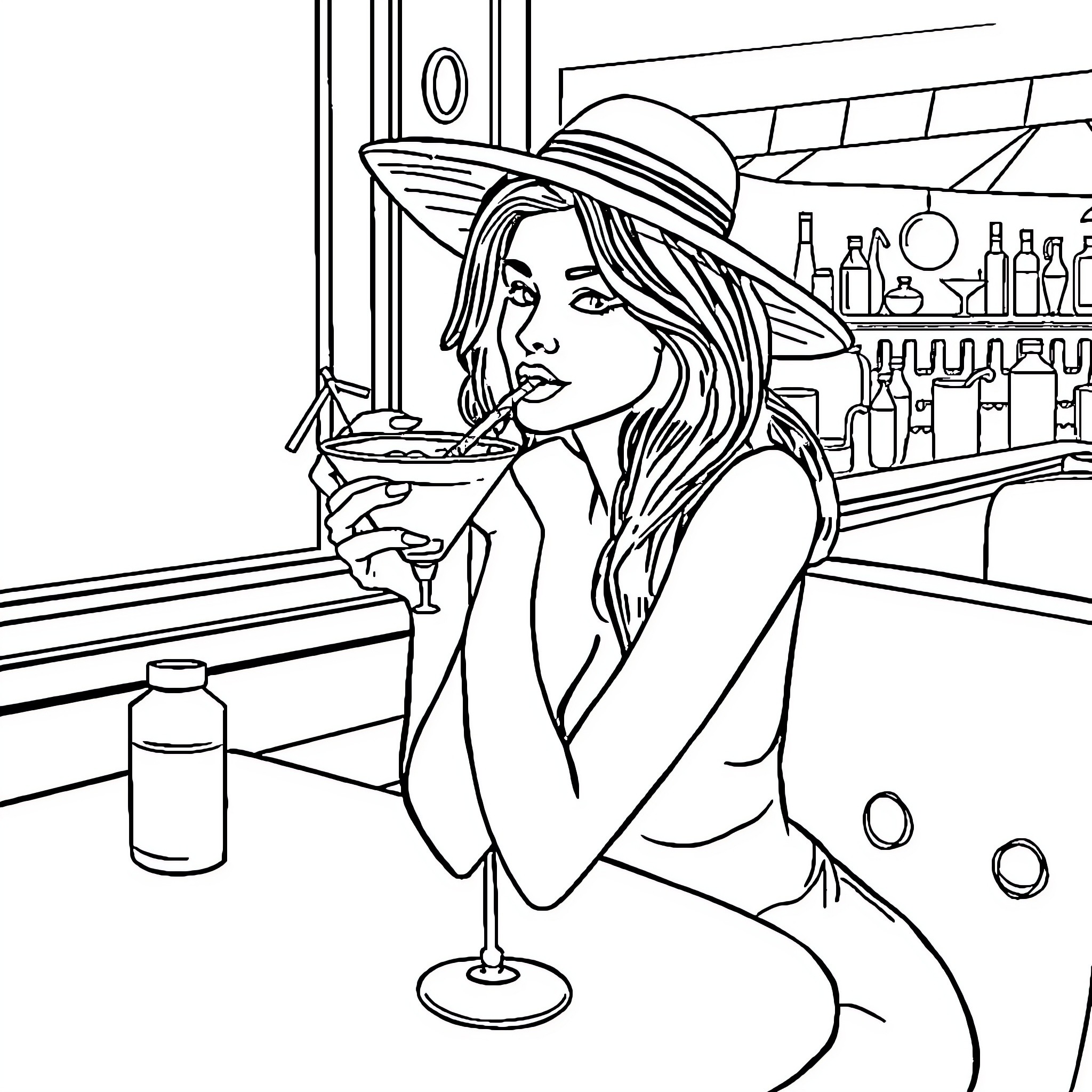 Woman enjoying a drink at the bar Coloring Page (free black-and-white line drawing printable PDF for all, from beginners to advanced learners, including children, teens, adults, and seniors)