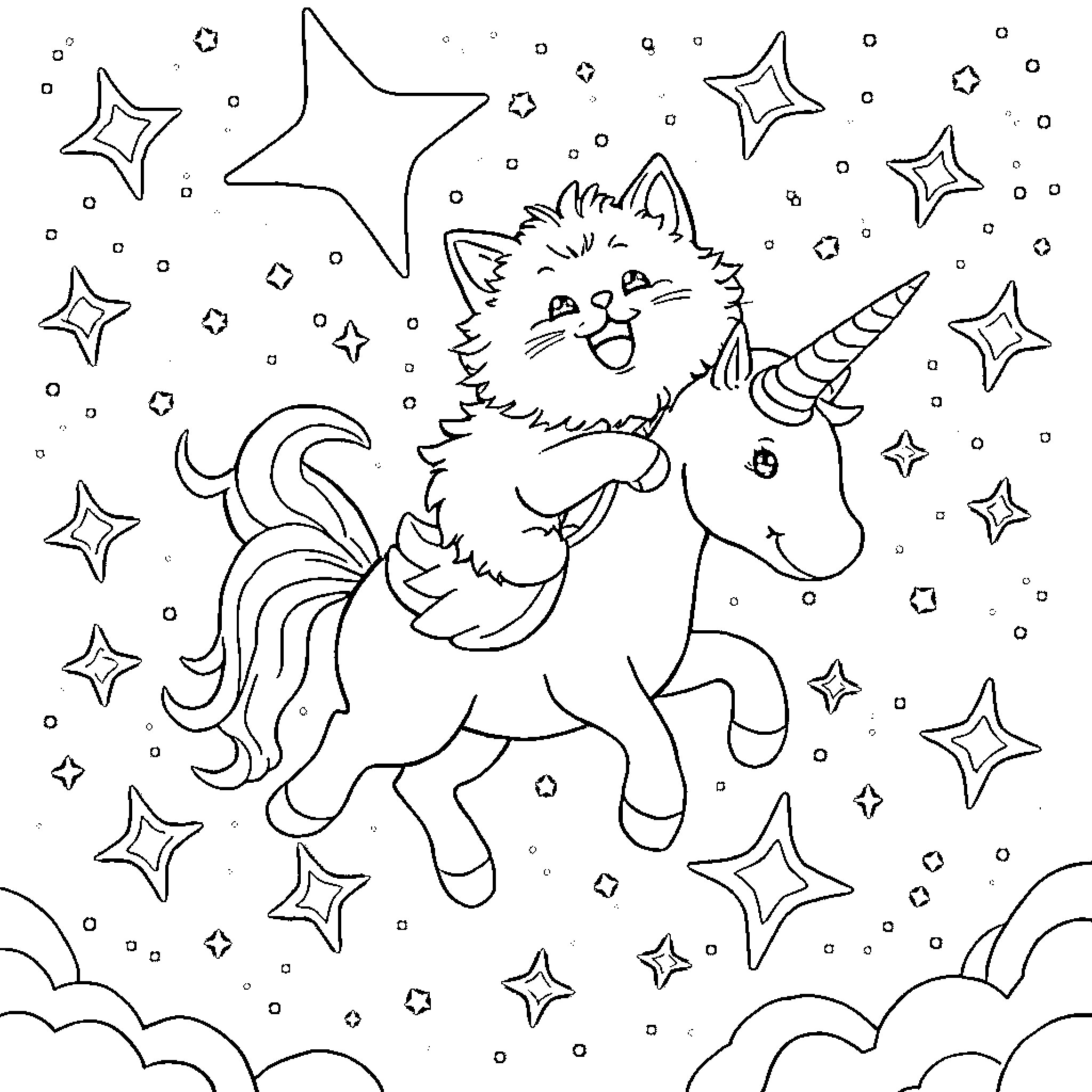 Cat riding a unicorn among the stars Coloring Page (free black-and-white line drawing printable PDF for all, from beginners to advanced learners, including children, teens, adults, and seniors)
