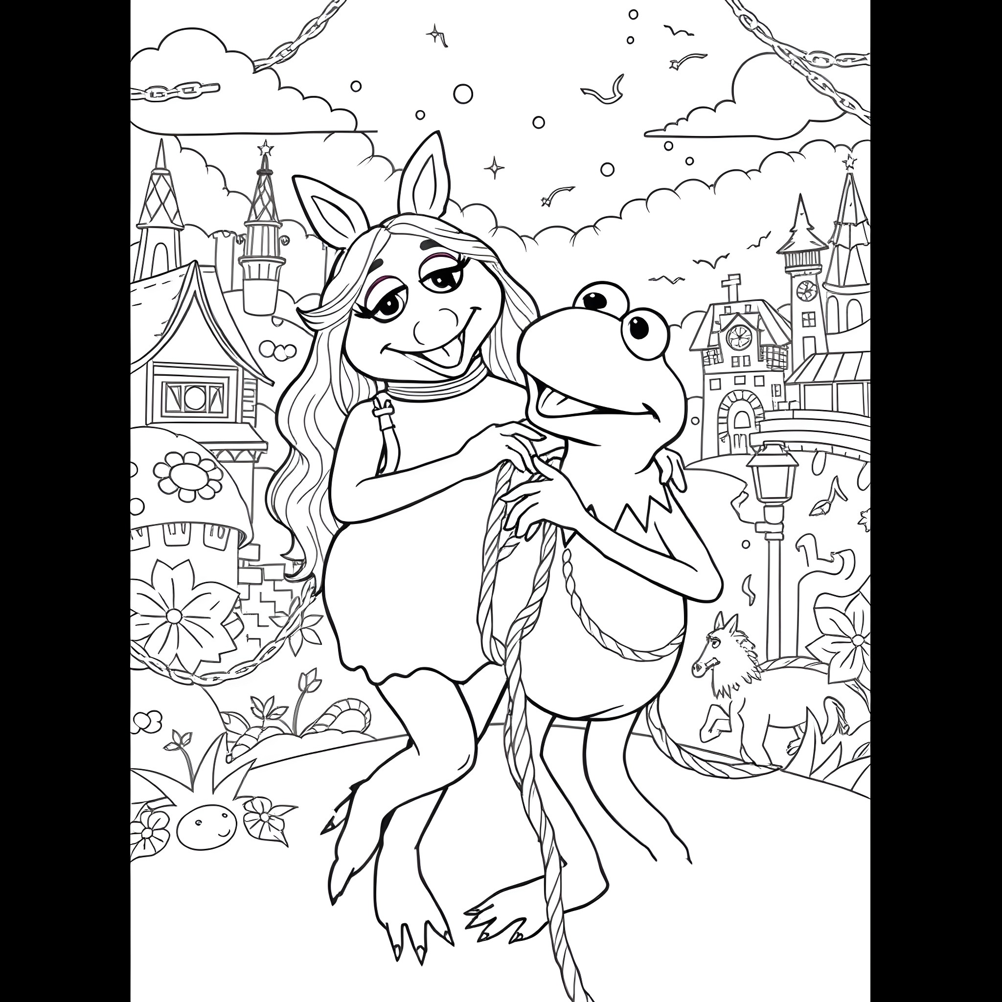 Kermit the Frog and Miss Piggy explore a magical kingdom Coloring Page (free black-and-white line drawing printable PDF for all, from beginners to advanced learners, including children, teens, adults, and seniors)