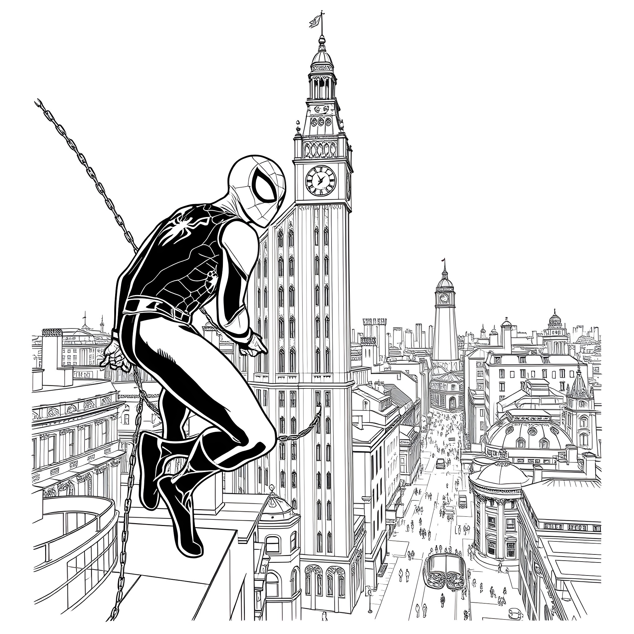 Spiderman swinging through the bustling city skyline Coloring Page (free black-and-white line drawing printable PDF for all, from beginners to advanced learners, including children, teens, adults, and seniors)