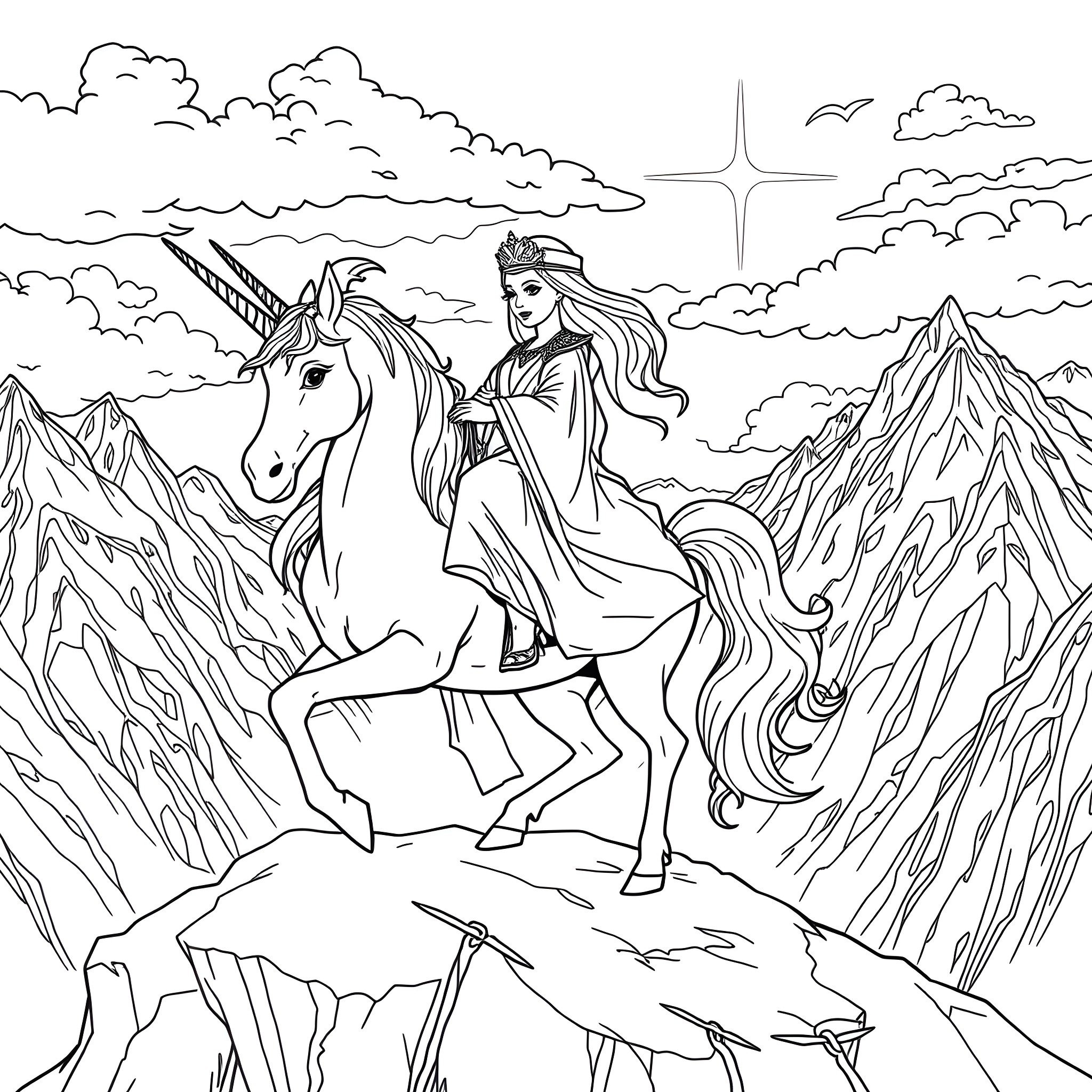 Princess riding a majestic unicorn through the mountains Coloring Page (free black-and-white line drawing printable PDF for all, from beginners to advanced learners, including children, teens, adults, and seniors)