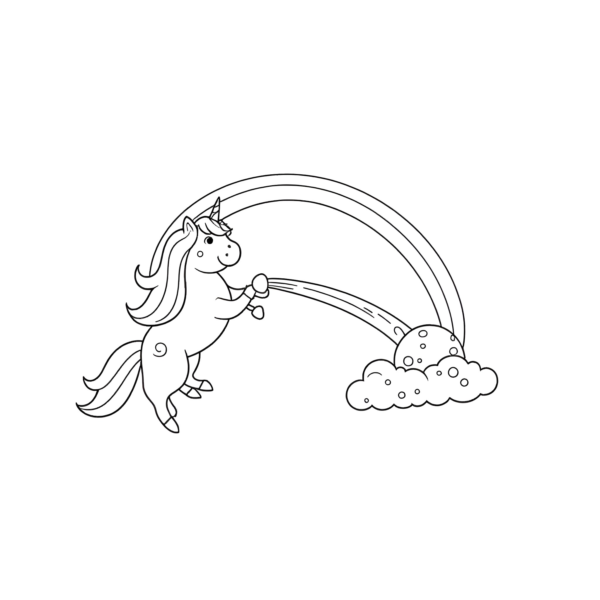 Unicorn dancing joyfully under rainbow Coloring Page (free black-and-white line drawing printable PDF for all, from beginners to advanced learners, including children, teens, adults, and seniors)