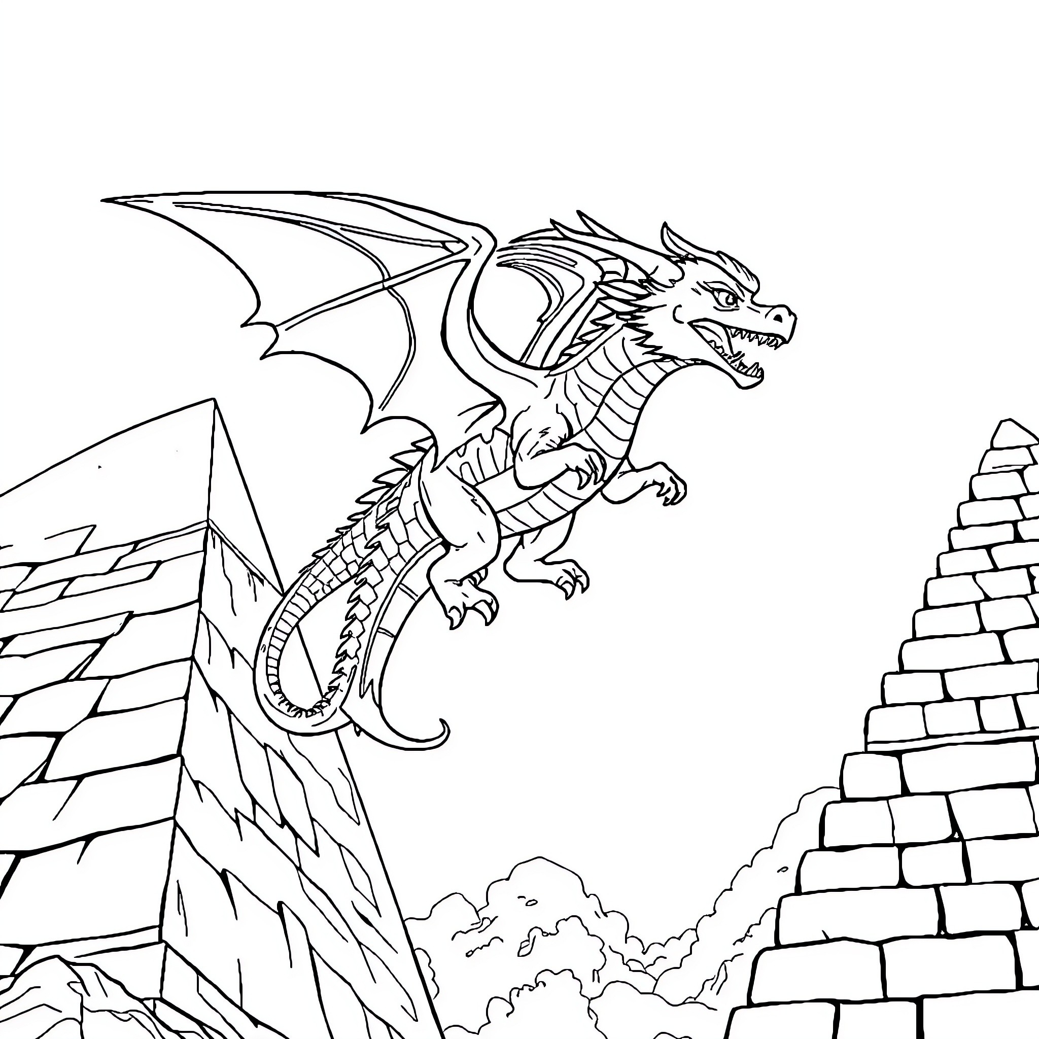Dragon Soaring over Ancient Ruins Coloring Page (free black-and-white line drawing printable PDF for all, from beginners to advanced learners, including children, teens, adults, and seniors)