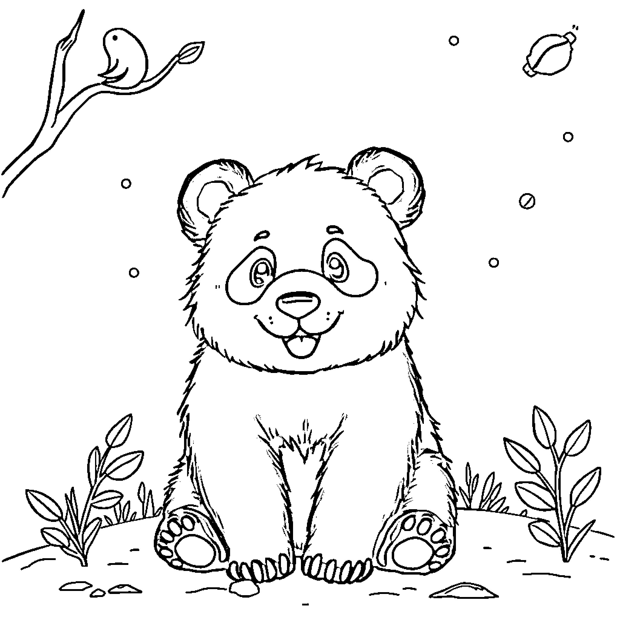 Dog sitting in the forest surrounded by nature Coloring Page (free black-and-white line drawing printable PDF for all, from beginners to advanced learners, including children, teens, adults, and seniors)