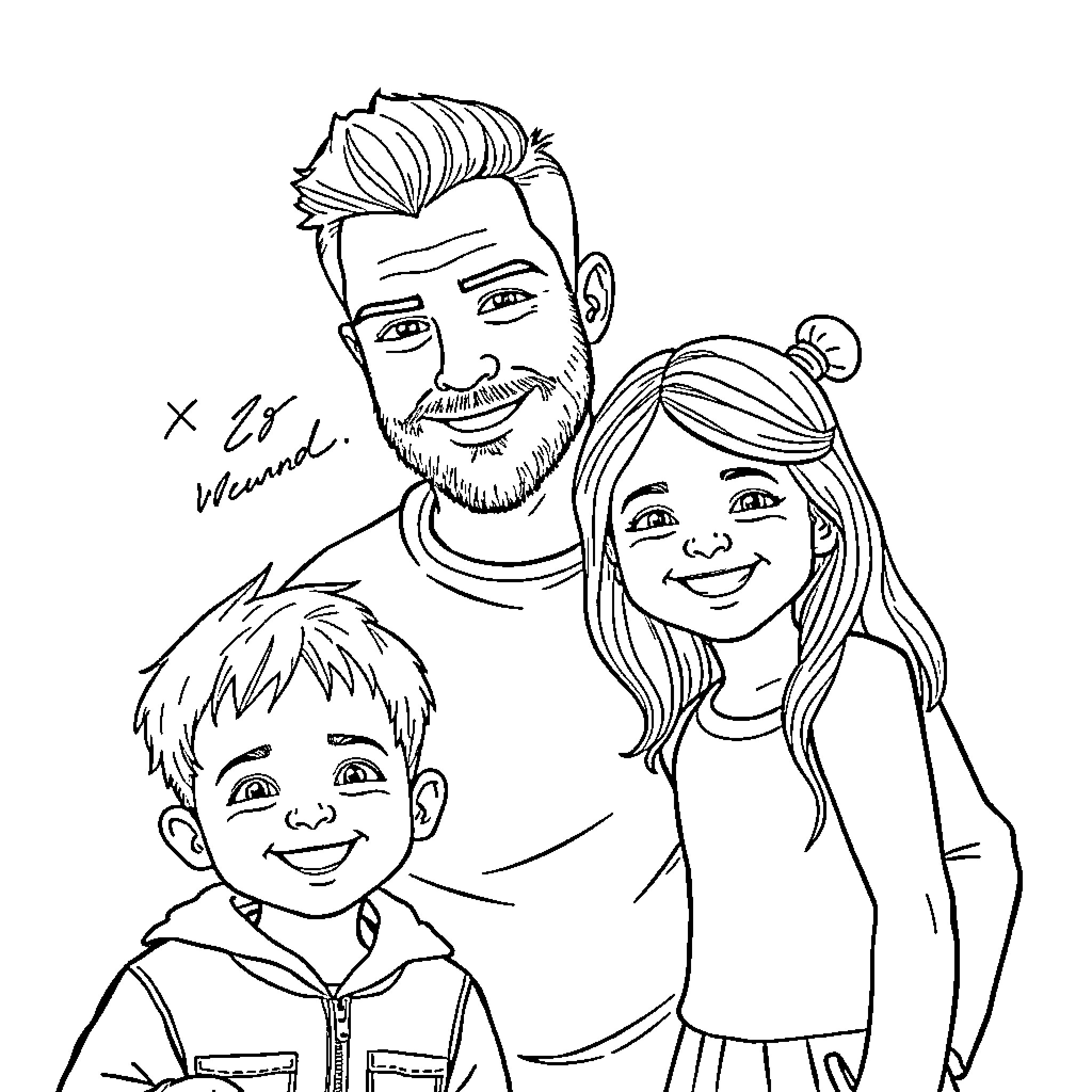 Man and children in a happy family portrait Coloring Page (free black-and-white line drawing printable PDF for all, from beginners to advanced learners, including children, teens, adults, and seniors)