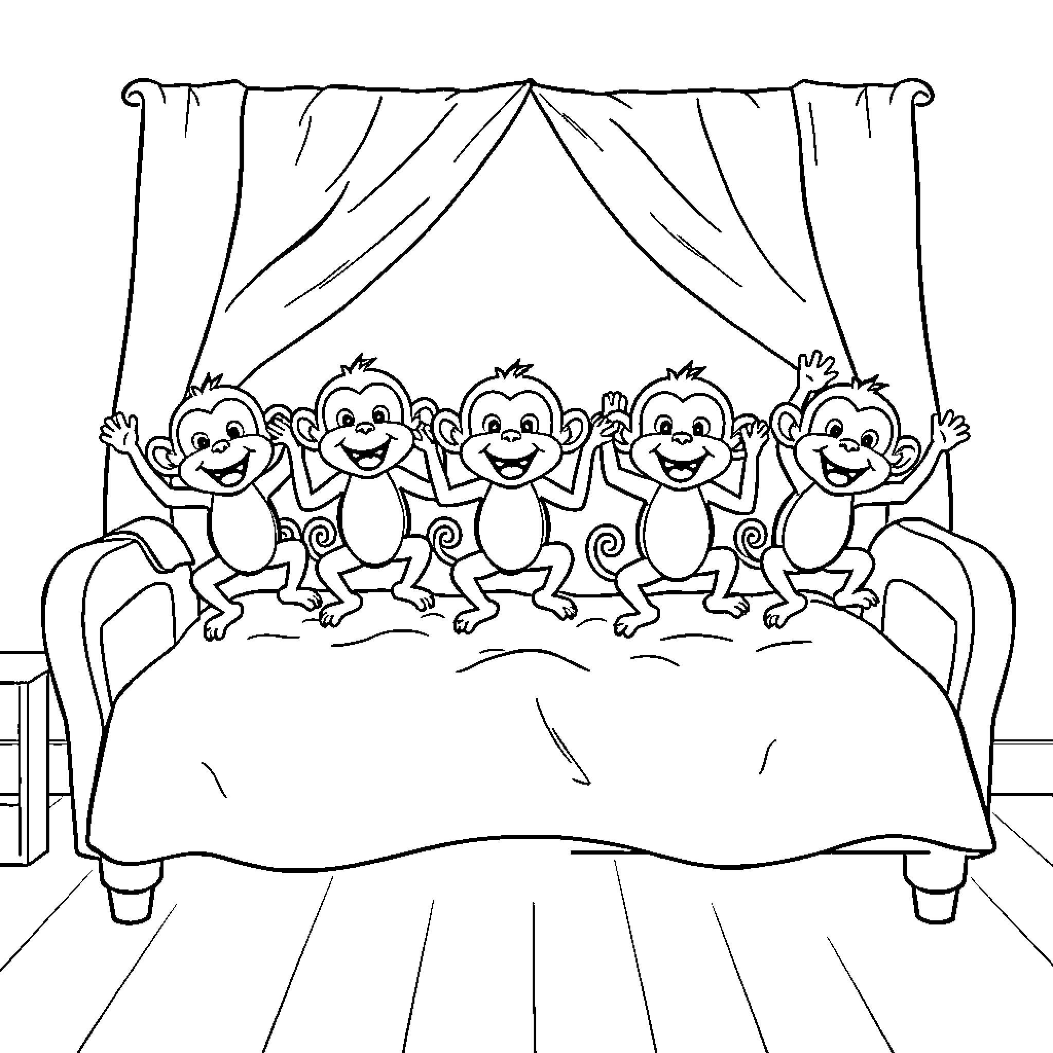 Monkey performers on stage Coloring Page (free black-and-white line drawing printable PDF for all, from beginners to advanced learners, including children, teens, adults, and seniors)