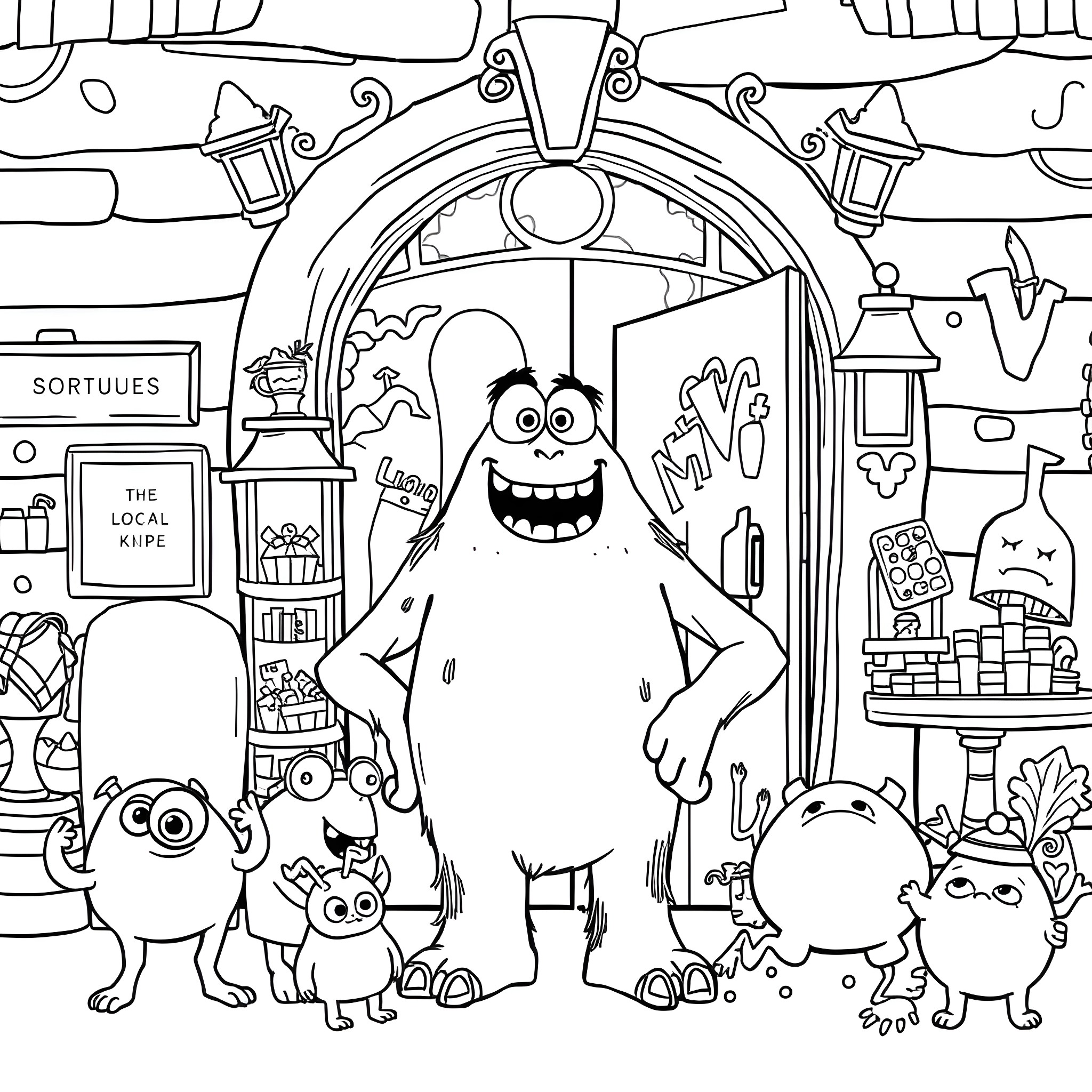 Sulley and his monster friends in a whimsical town Coloring Page (free black-and-white line drawing printable PDF for all, from beginners to advanced learners, including children, teens, adults, and seniors)