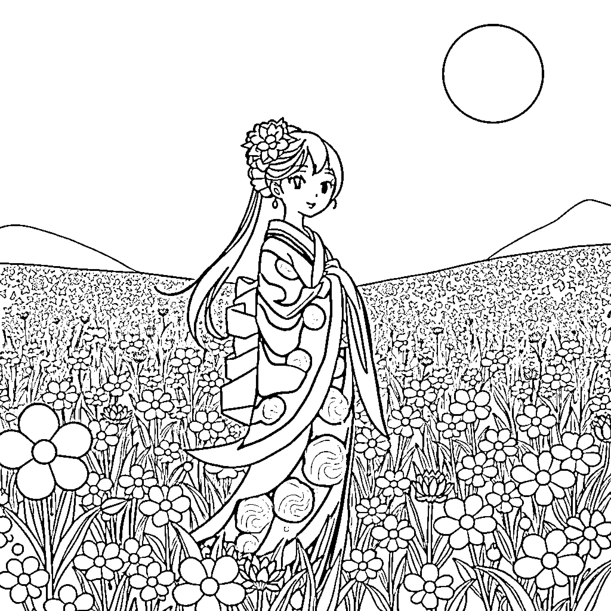 Shinobu enjoying the flower-filled meadow Coloring Page (free black-and-white line drawing printable PDF for all, from beginners to advanced learners, including children, teens, adults, and seniors)