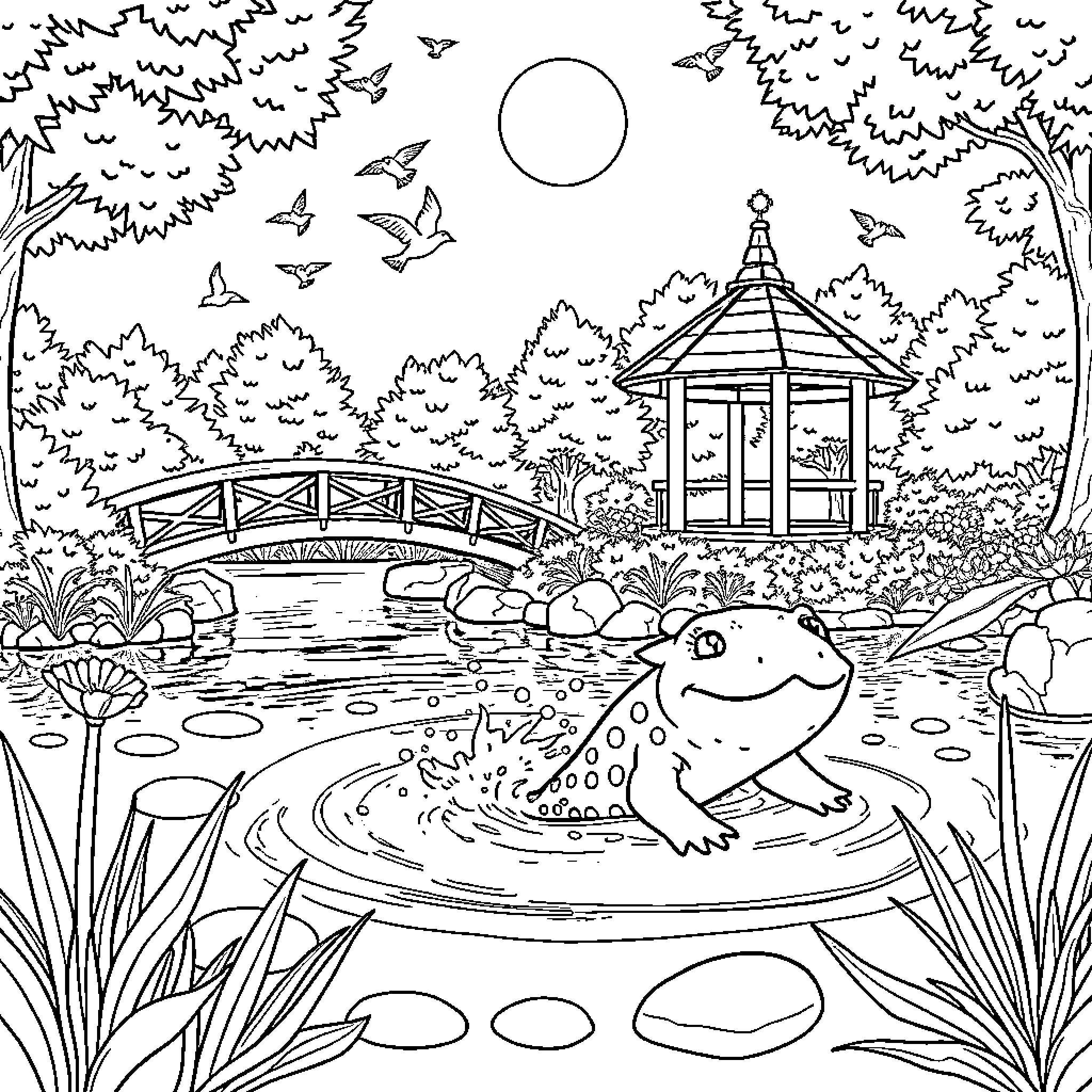 Axolotl enjoying a tranquil garden pond Coloring Page (free black-and-white line drawing printable PDF for all, from beginners to advanced learners, including children, teens, adults, and seniors)
