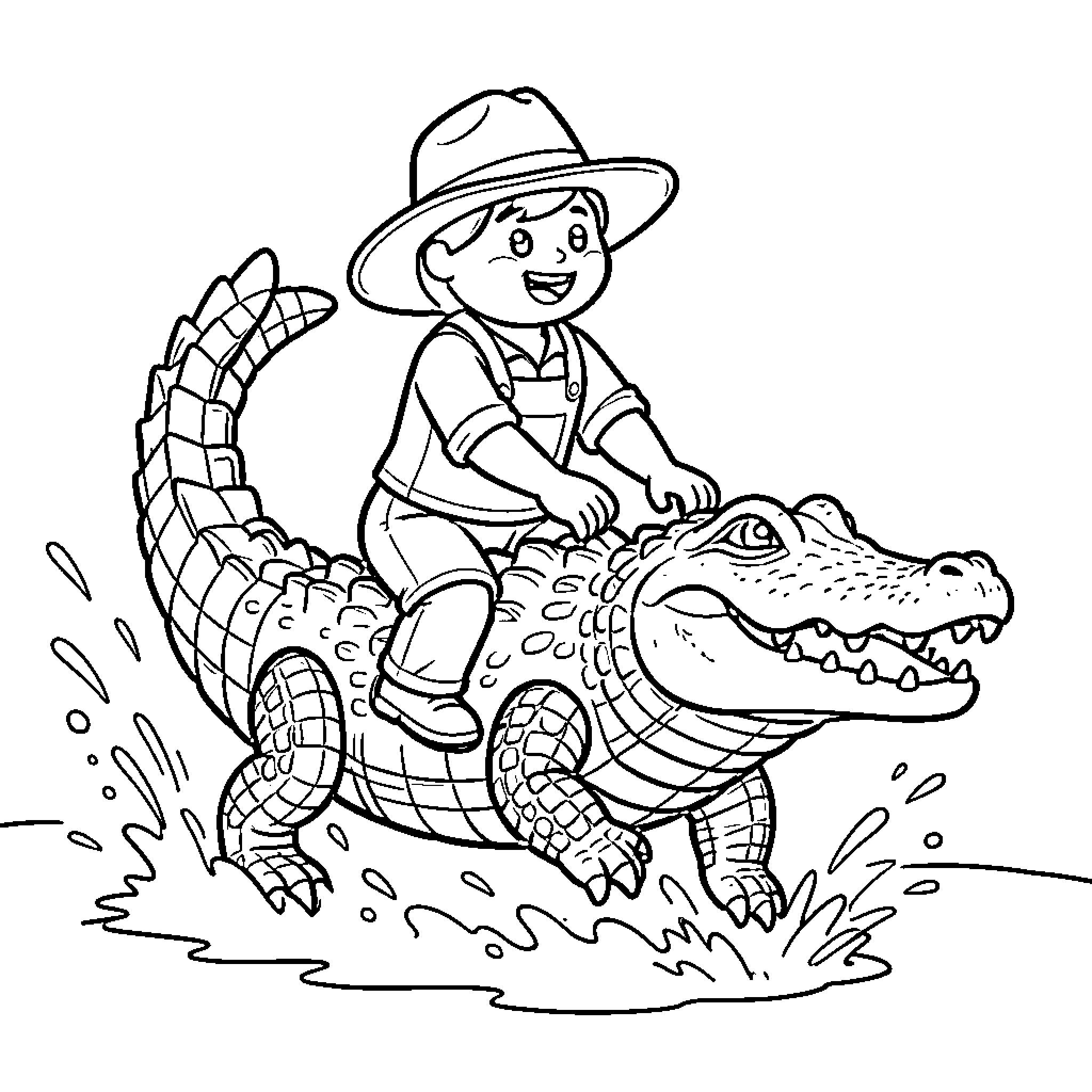 Farmer riding a playful alligator Coloring Page (free black-and-white line drawing printable PDF for all, from beginners to advanced learners, including children, teens, adults, and seniors)