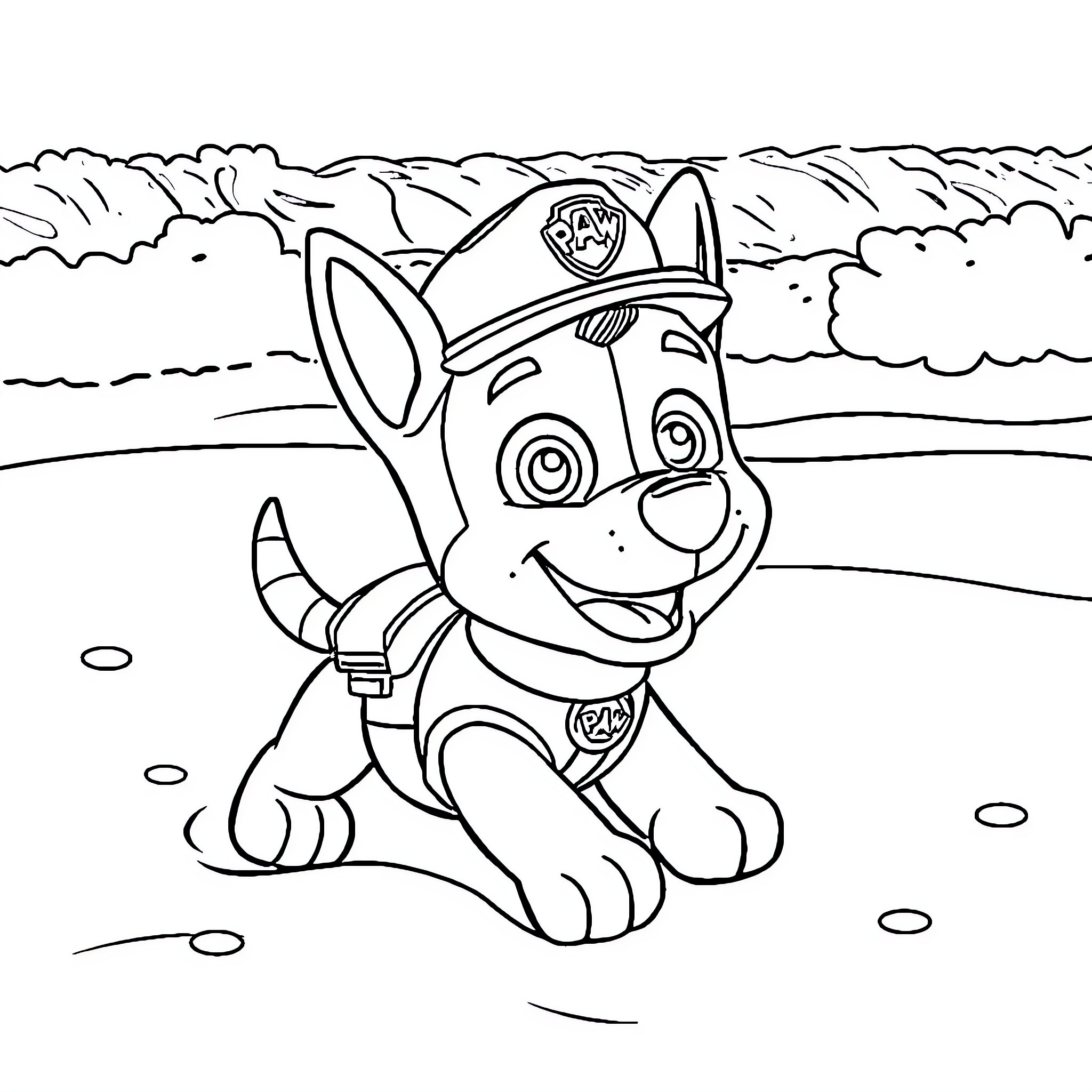 Chase of the Playful Pup in the Field Coloring Page (free black-and-white line drawing printable PDF for all, from beginners to advanced learners, including children, teens, adults, and seniors)