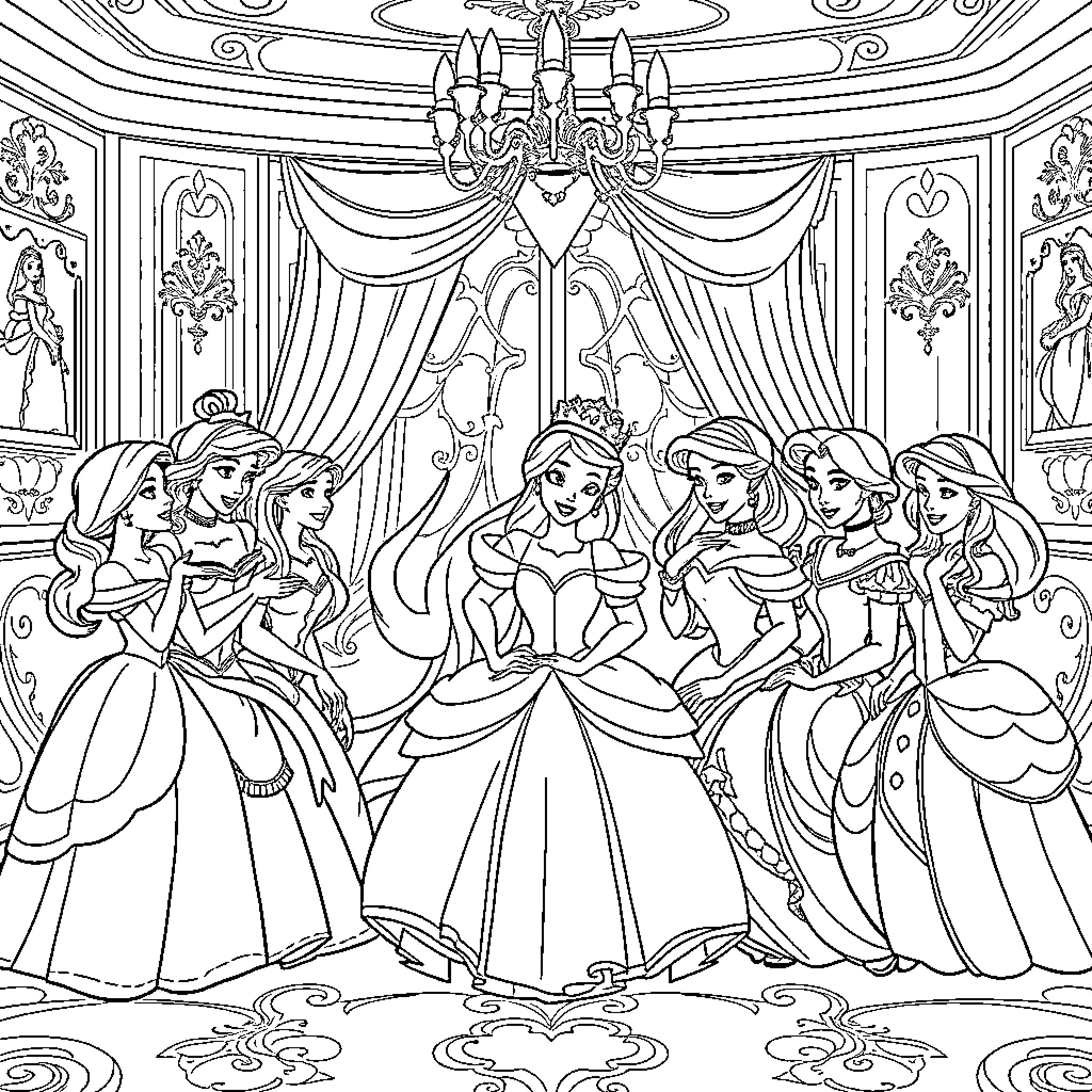 Disney Princess ball dance in elegant palace Coloring Page (free black-and-white line drawing printable PDF for all, from beginners to advanced learners, including children, teens, adults, and seniors)