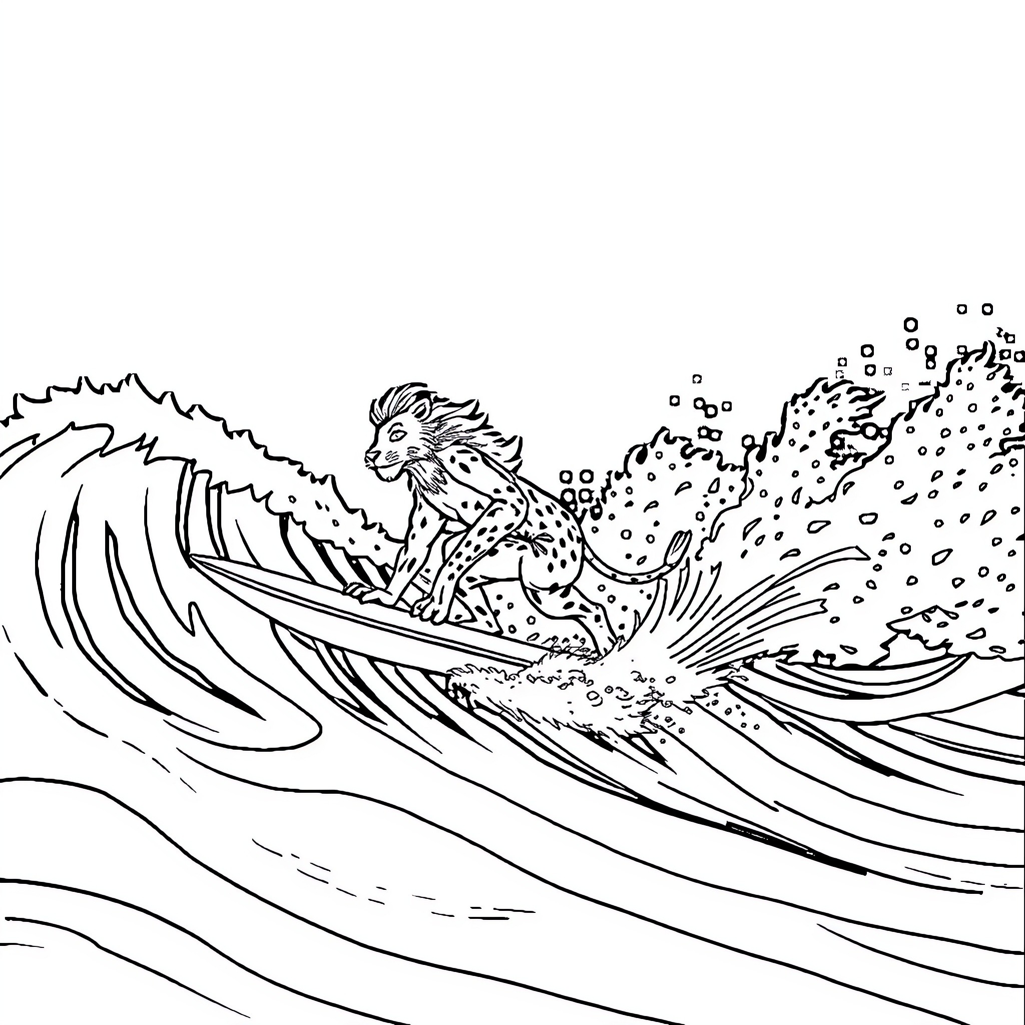 Lion surfing giant wave Coloring Page (free black-and-white line drawing printable PDF for all, from beginners to advanced learners, including children, teens, adults, and seniors)