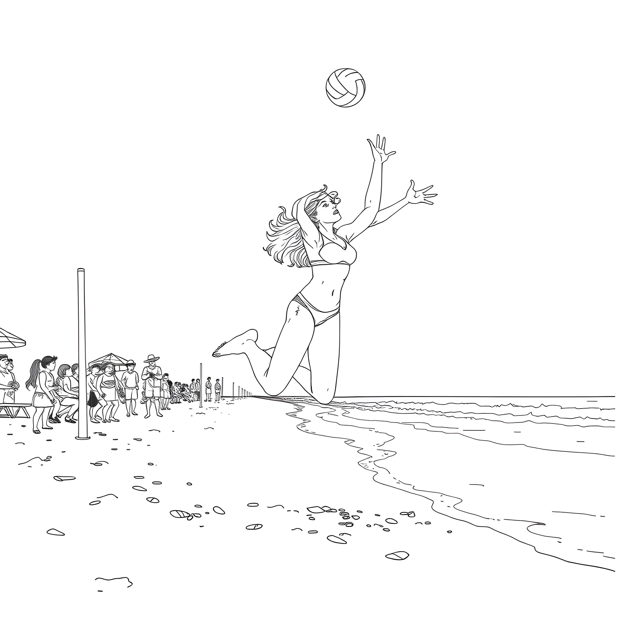 Geri Halliwell playing volleyball on the beach Coloring Page (free black-and-white line drawing printable PDF for all, from beginners to advanced learners, including children, teens, adults, and seniors)