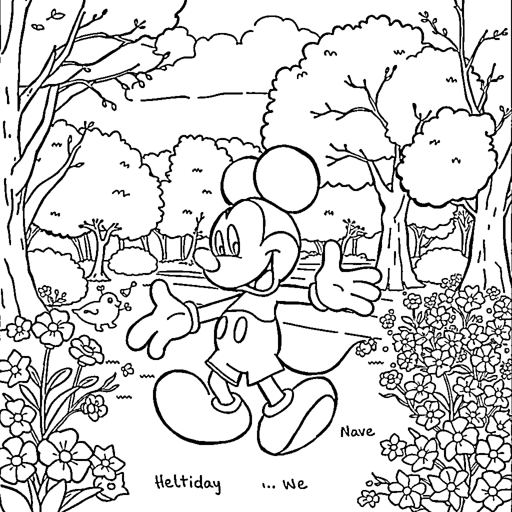 Mickey Mouse enjoying a sunny day in the park Coloring Page (free black-and-white line drawing printable PDF for all, from beginners to advanced learners, including children, teens, adults, and seniors)