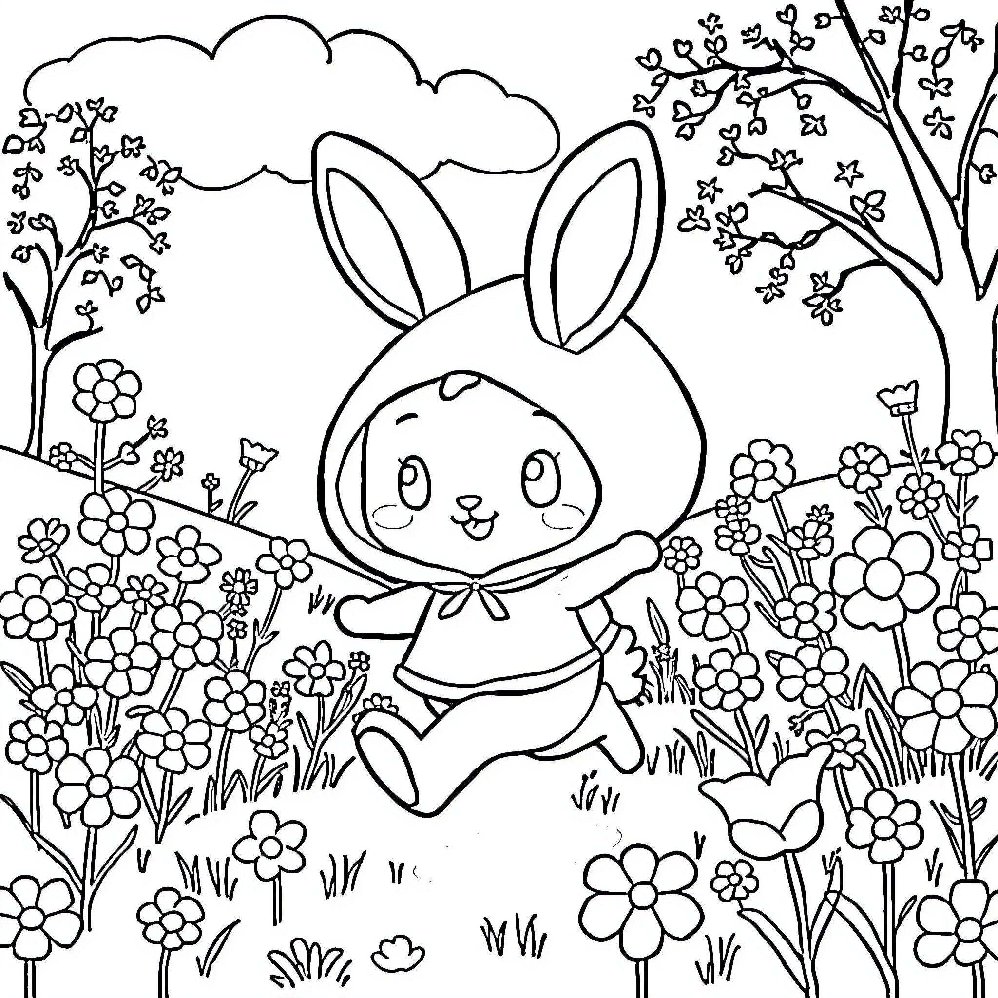Melody Rabbit's Joyful Garden Adventure Coloring Page (free black-and-white line drawing printable PDF for all, from beginners to advanced learners, including children, teens, adults, and seniors)