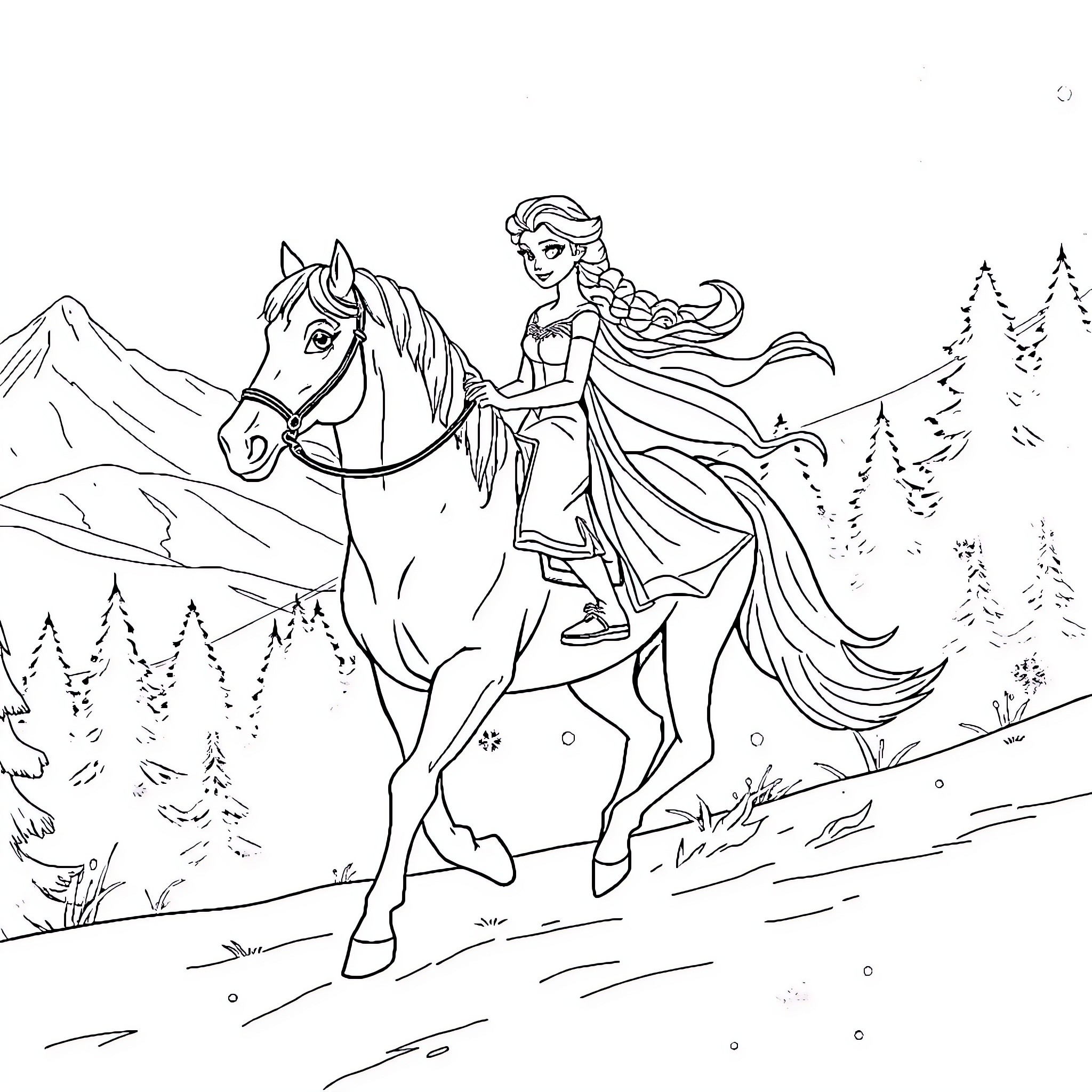 Elsa riding a horse through the snowy mountains Coloring Page (free black-and-white line drawing printable PDF for all, from beginners to advanced learners, including children, teens, adults, and seniors)